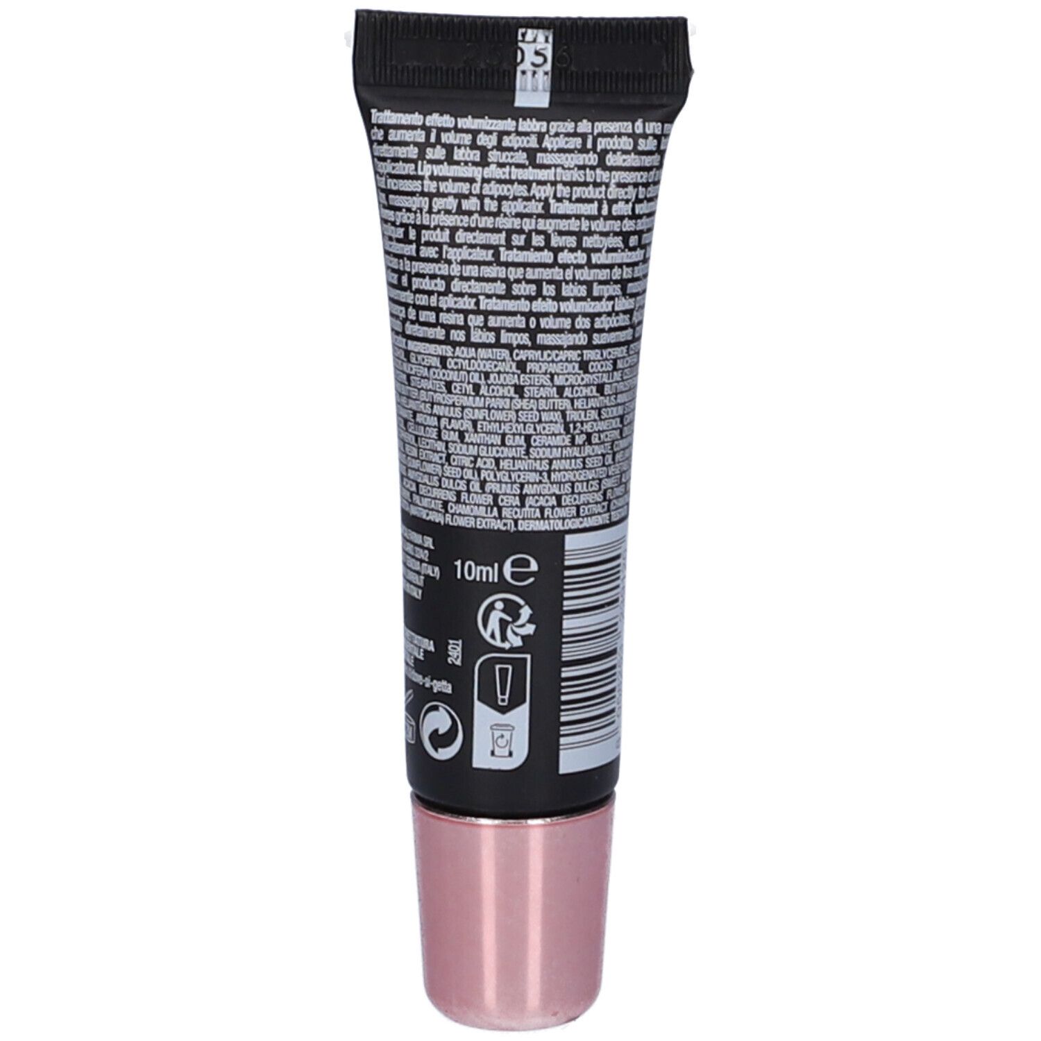 Retro del tubo nero con tappo rosa. Testo e simboli. Contiene 10 ml. Con ingredienti e avvertenze.