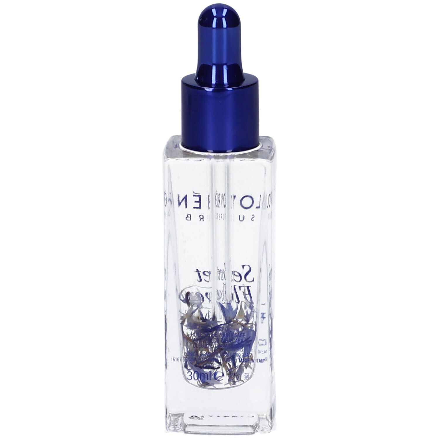 Flacone di vetro trasparente con tappo e pipetta blu. Contiene fiori. Scritta: Lovren Superb Secret Flowers, 30ml.