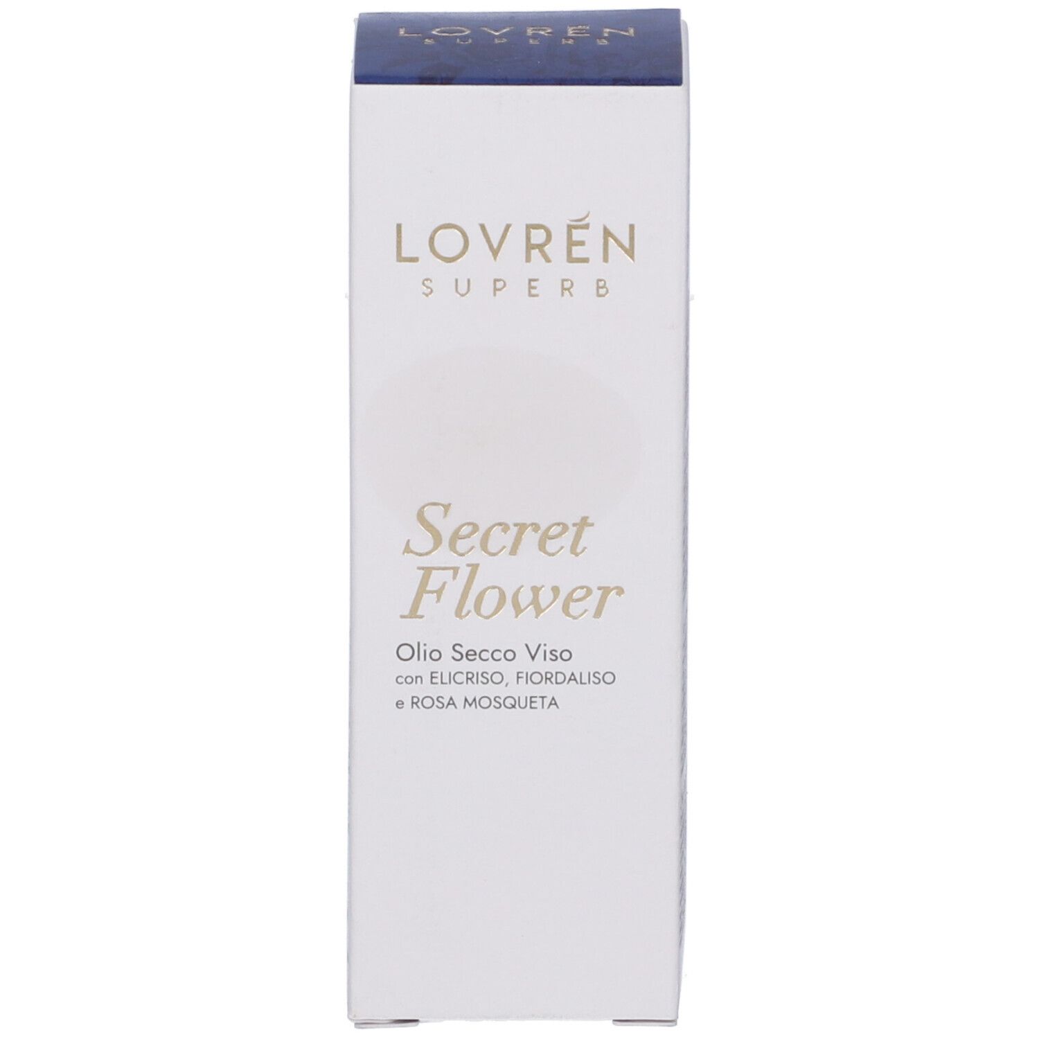 Confezione bianca con coperchio blu. Scritta: Lovren Superb Secret Flower Olio Secco Viso.