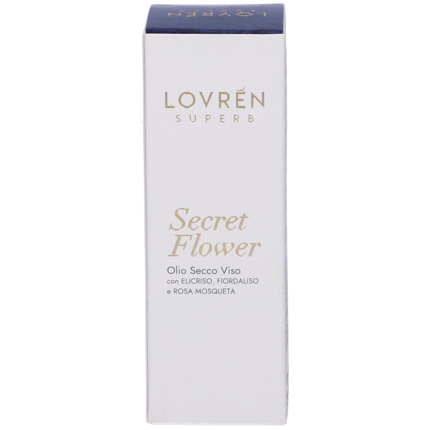 Confezione bianca con coperchio blu. Scritta: Lovren Superb Secret Flower Olio Secco Viso.