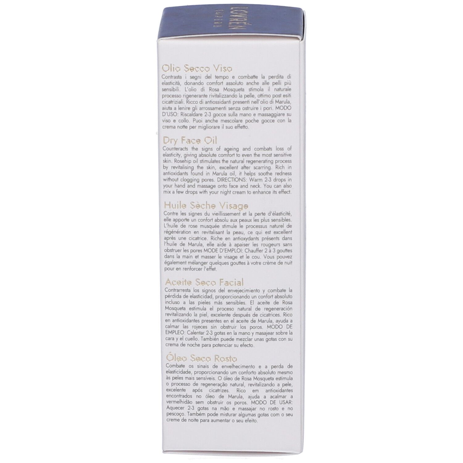 Lato della confezione. Testo: Olio Secco Viso, Dry Face Oil, Huile Seche Visage, Aceite Seco Facial, Olio Secco Rosso.
