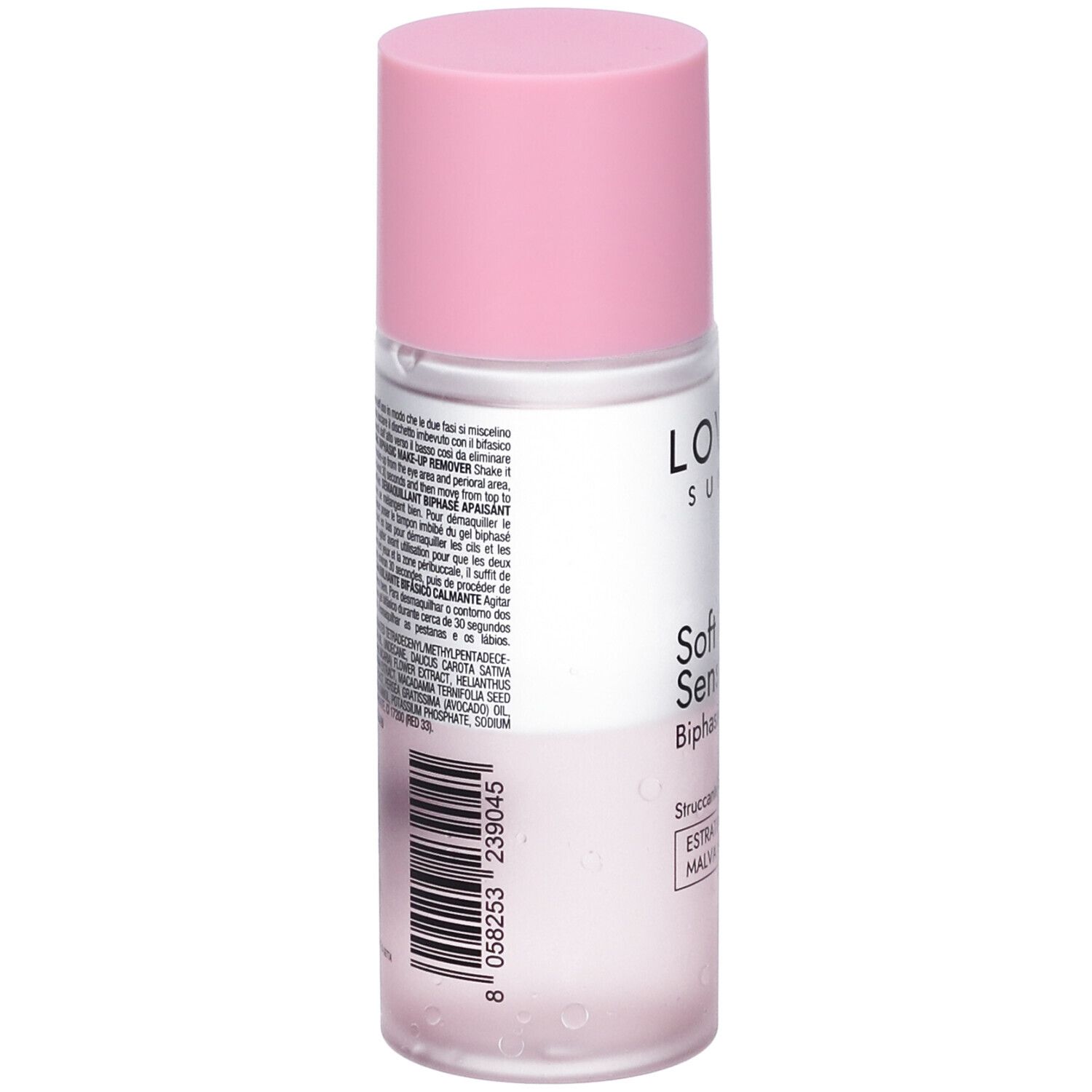 L'Oréal Soft Sensitive Biphasic Remover con tappo rosa. Liquido trasparente con sfumatura rosata.