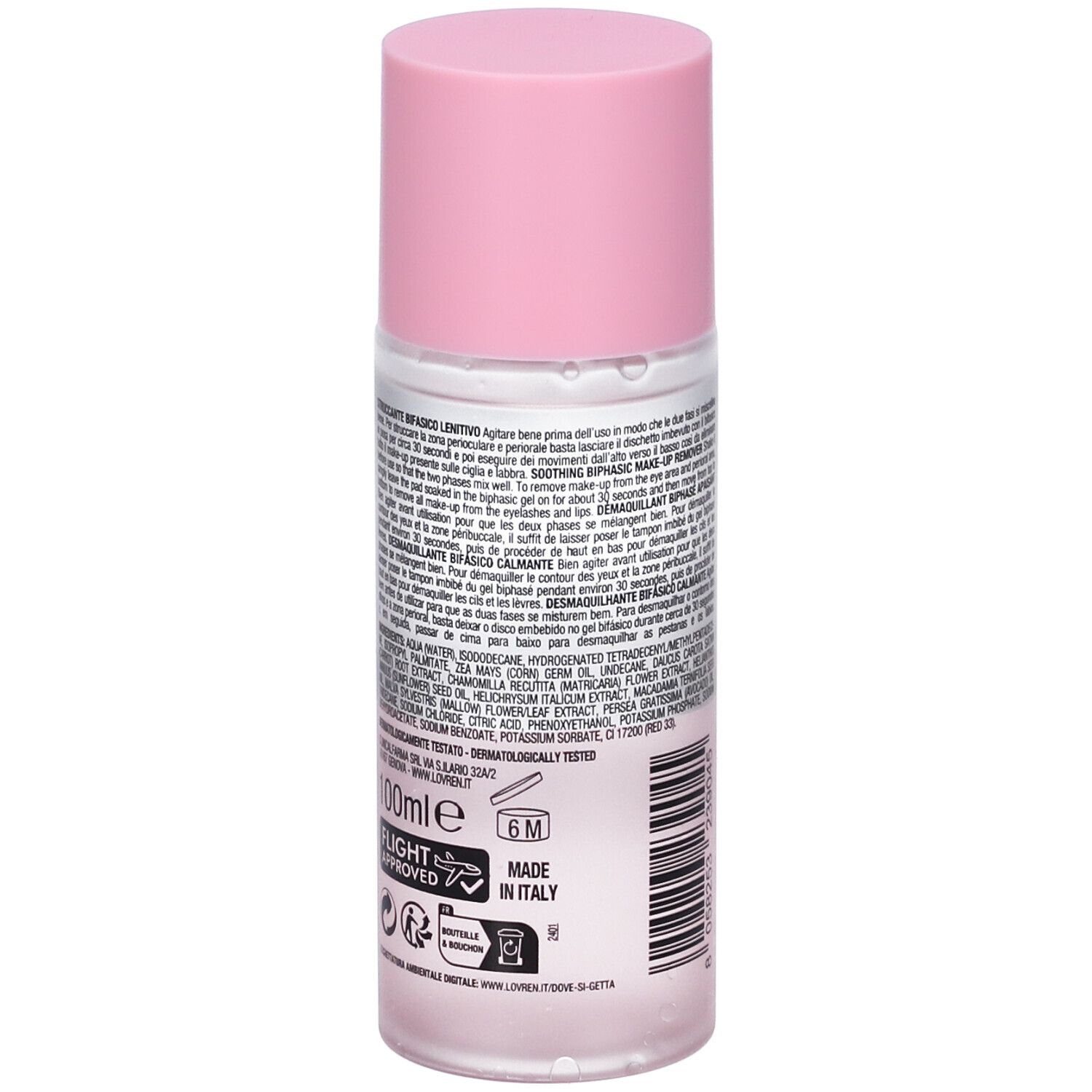 Flacone con tappo rosa, 100ml, con scritta 'Made in Italy'.
