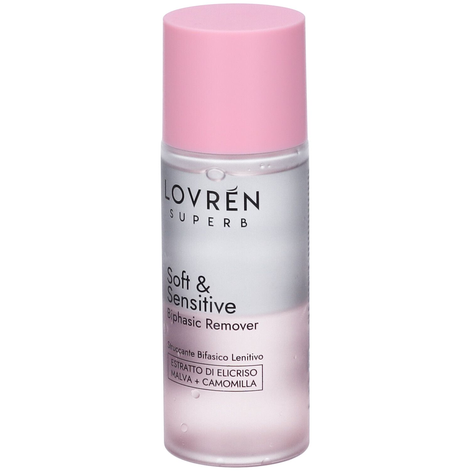 Lovren Superb Soft & Sensitive Biphasic Remover in flacone trasparente con tappo rosa. Contiene estratti di elicriso, malva e camomilla.