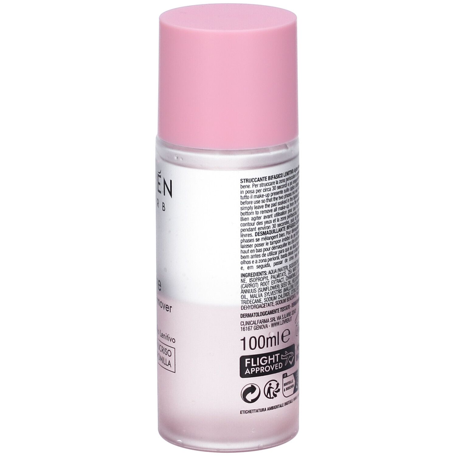 Struccante in flacone trasparente con tappo rosa, 100ml.