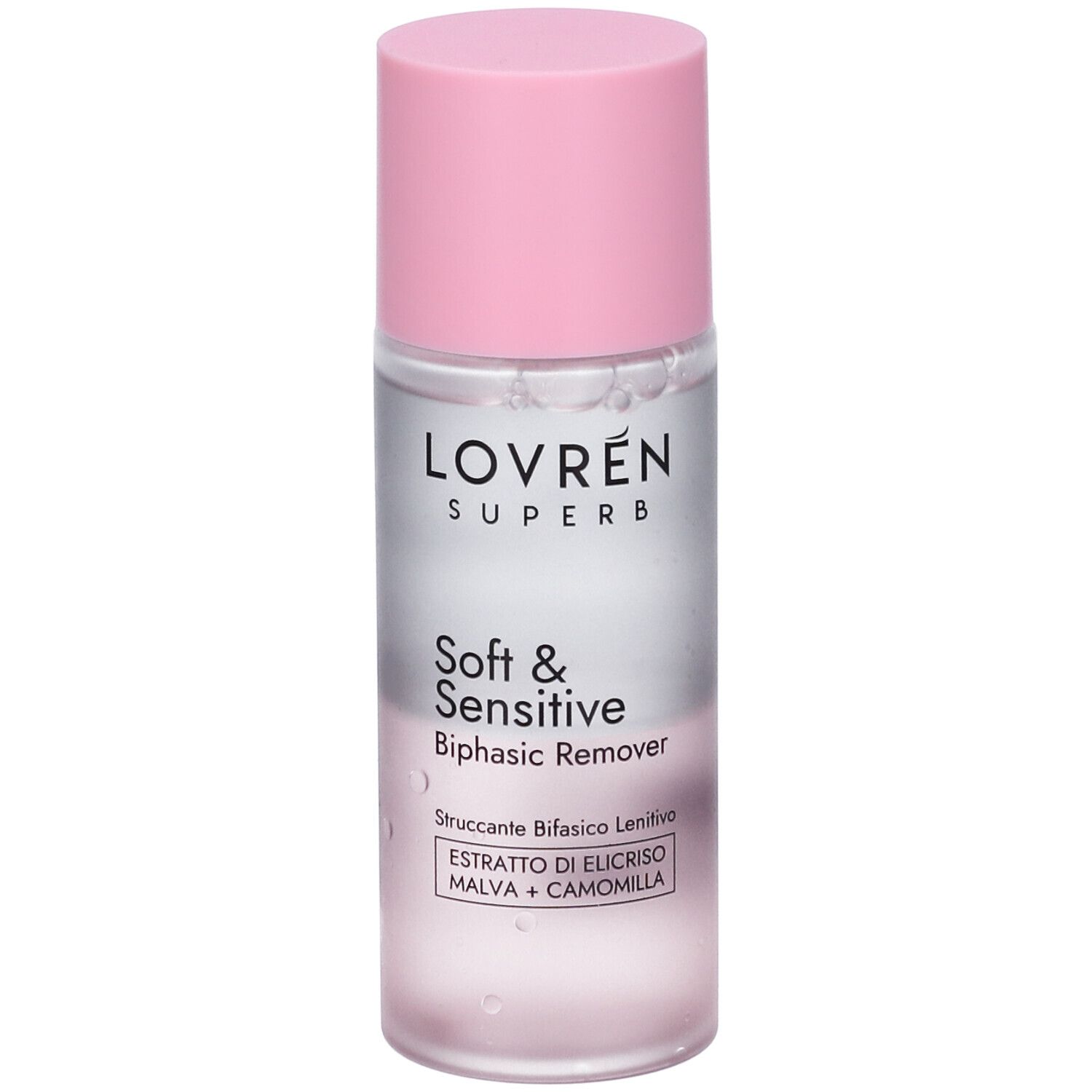 Lovren Superb Soft & Sensitive Biphasic Remover in flacone trasparente con tappo rosa. Contiene estratti di elicriso, malva e camomilla.