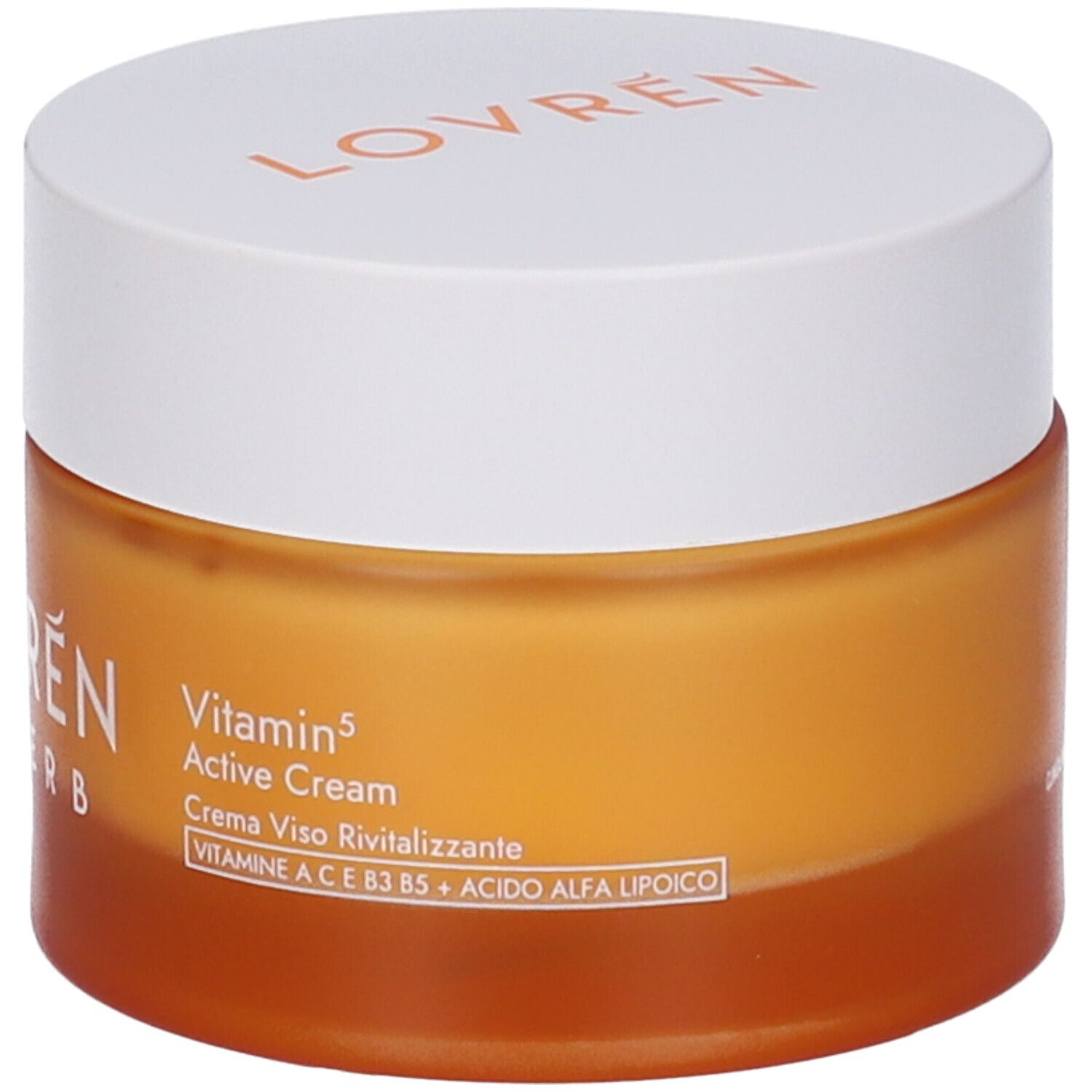 Vaso di crema con coperchio bianco. Sul vaso c'è scritto LOVREN SUPERB. Sul coperchio c'è scritto LOVREN. C'è scritto Vitamin 5 Active Cream.
