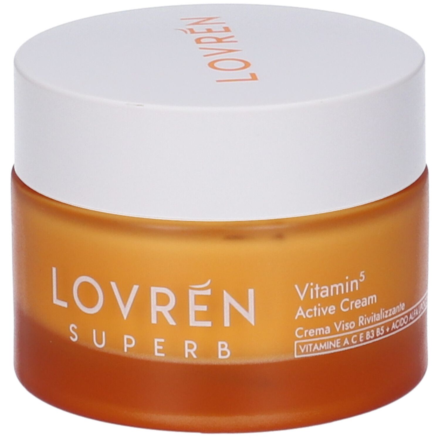 Vaso di crema con coperchio bianco. Sul vaso c'è scritto LOVREN SUPERB. Sul coperchio c'è scritto LOVREN. C'è scritto Vitamin 5 Active Cream.