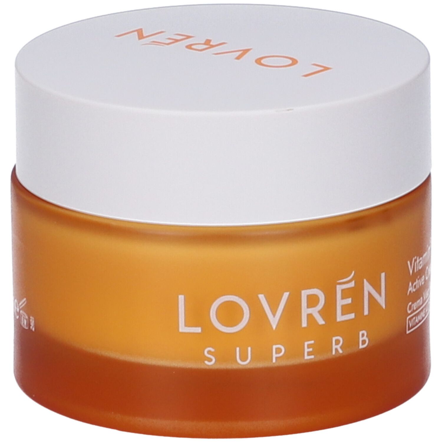 Vaso di crema con coperchio bianco. Sul vaso c'è scritto LOVREN SUPERB. Sul coperchio c'è scritto LOVREN. C'è scritto Vitamin 5 Active Cream.