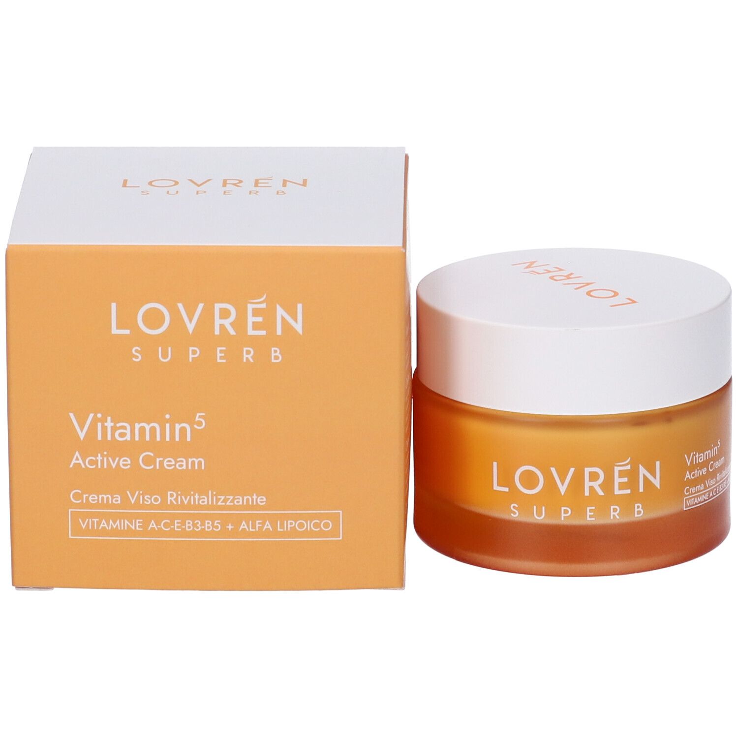 Vaso di crema e scatola. LOVREN SUPERB è scritto sulla scatola e sul vaso. Vitamin 5 Active Cream è scritto sulla scatola.