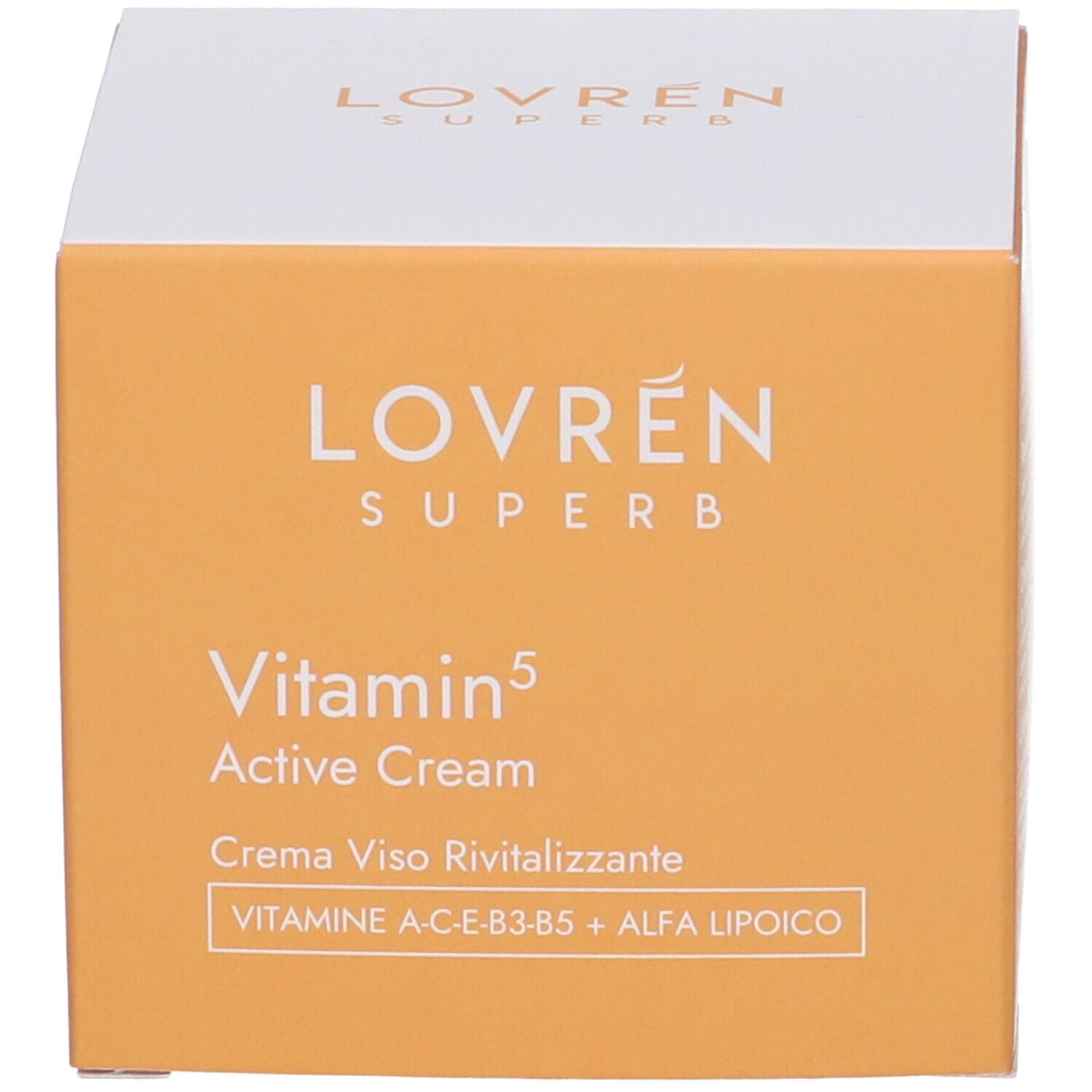 Scatola con LOVREN SUPERB. Vitamin 5 Active Cream e Creme Viso Revitalizzante sono scritti sulla scatola.