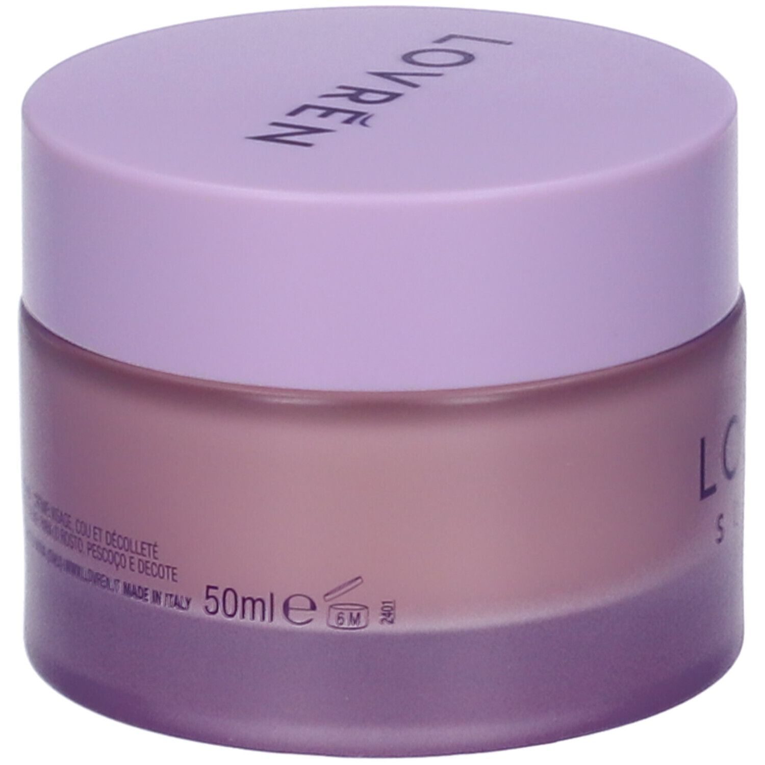 Vasetto di crema con coperchio lilla. Sul coperchio "LOVREN". Sul vasetto "LOVREN SUPERB". Testo: 50ml, Made in Italy.
