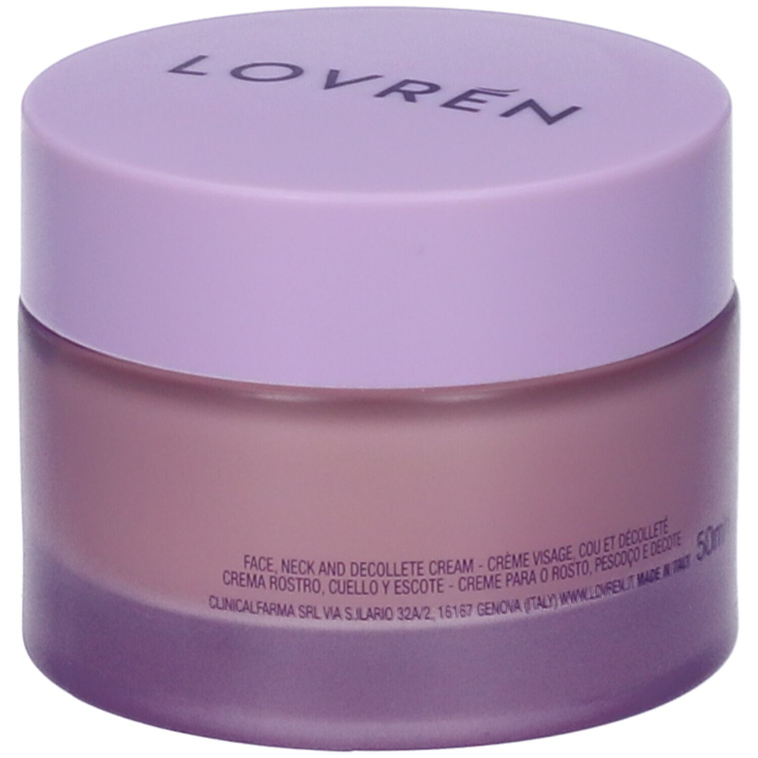 Vasetto di crema con coperchio lilla. Sul coperchio "LOVREN". Sul vasetto "LOVREN SUPERB". Testo: Face, Neck and Decollete Cream.
