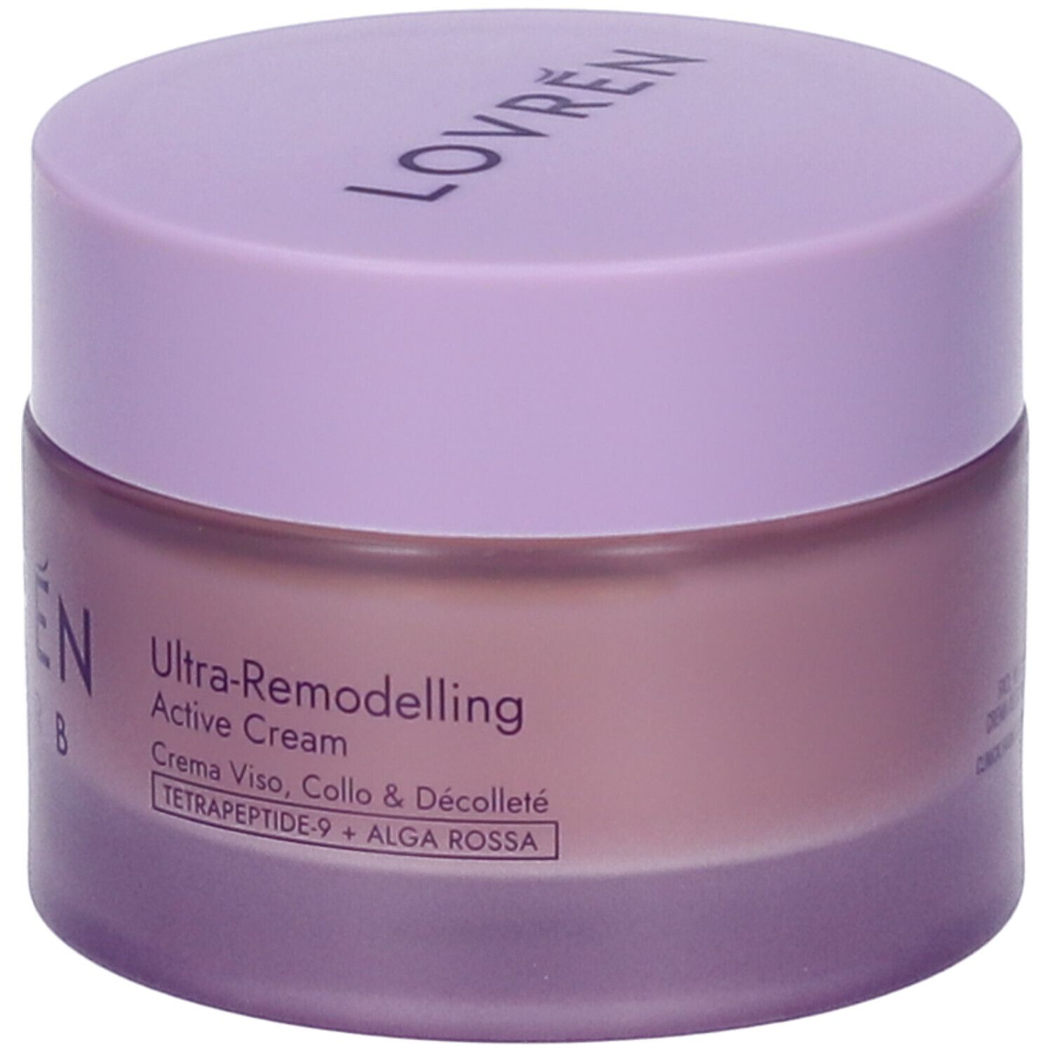 Vasetto di crema con coperchio lilla. Sul coperchio "LOVREN". Sul vasetto "LOVREN SUPERB". Testo: Ultra-Remodelling Active Cream.