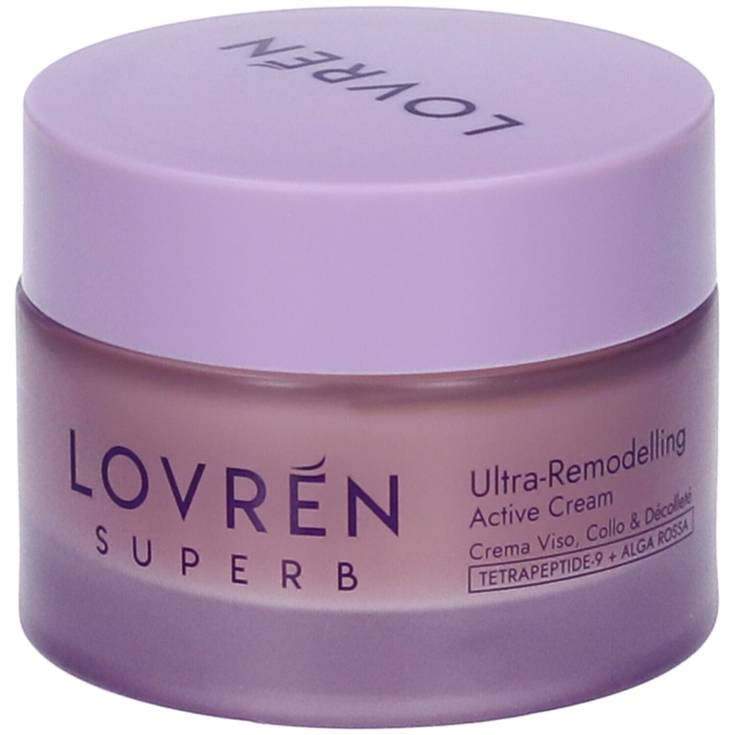 Vasetto di crema con coperchio lilla. Sul coperchio "LOVREN". Sul vasetto "LOVREN SUPERB". Testo: Ultra-Remodelling Active Cream.