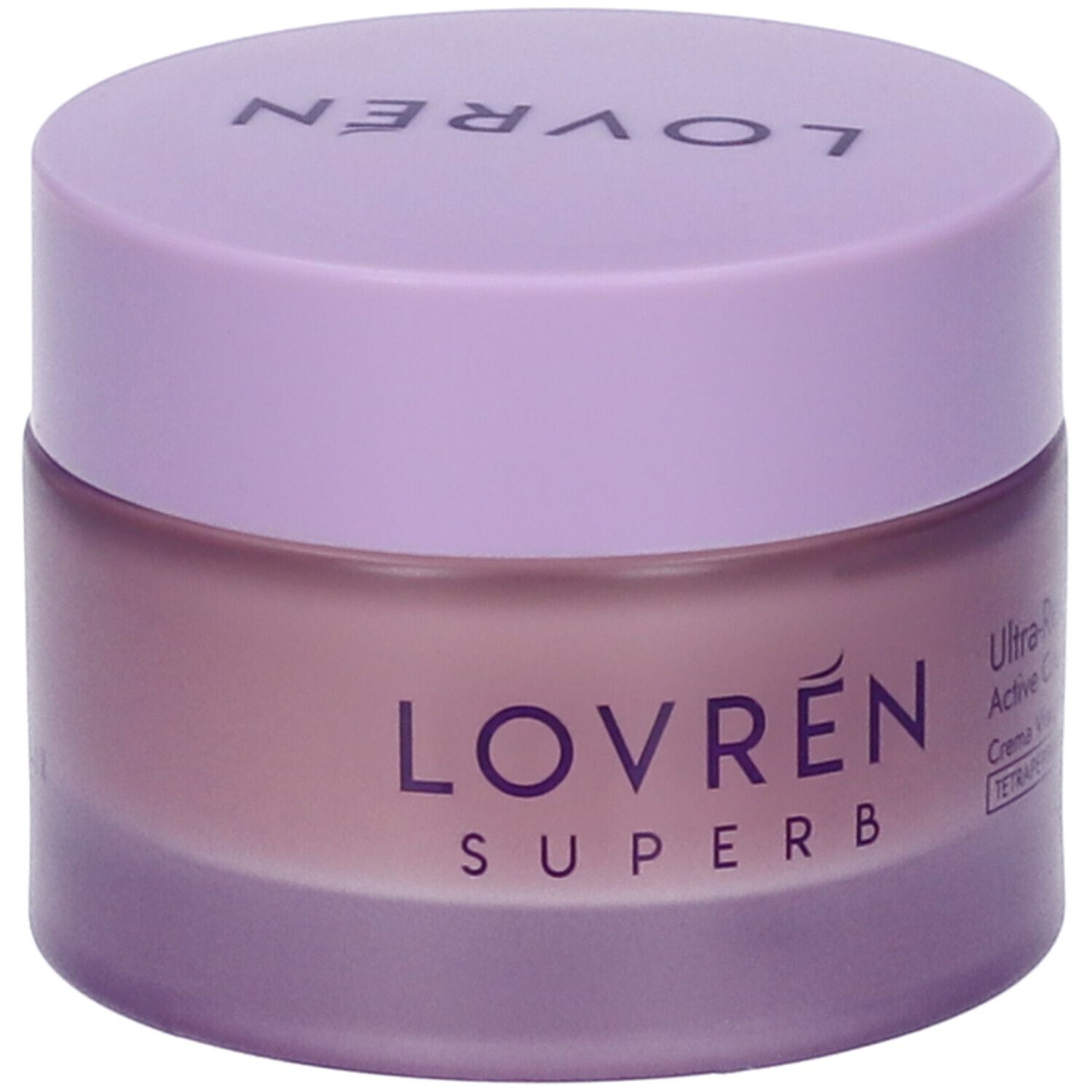 Vasetto di crema con coperchio lilla. Sul coperchio "LOVREN". Sul vasetto "LOVREN SUPERB". Testo: Ultra-Remodelling Active Cream.