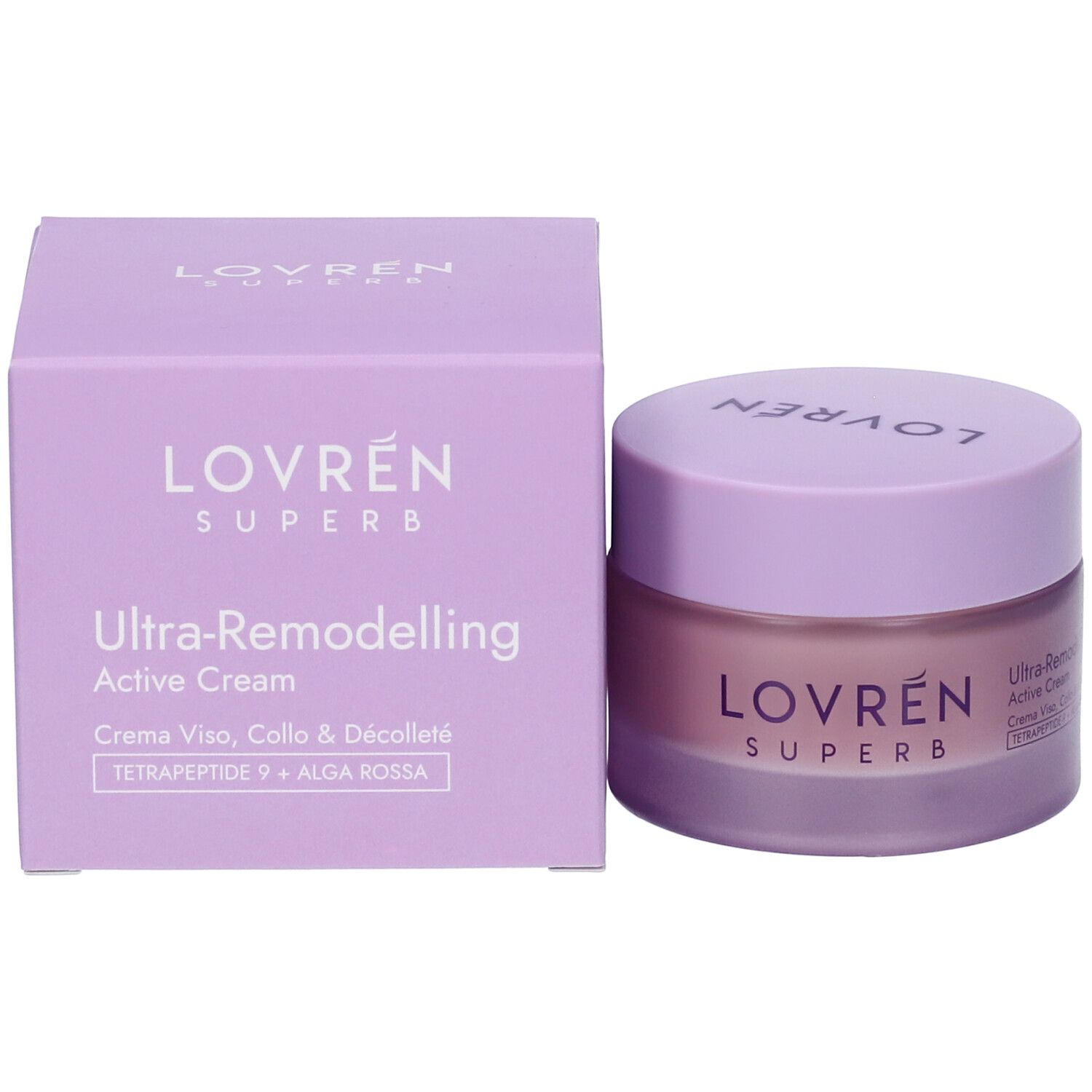 Vasetto di crema e scatola. Sul vasetto e sulla scatola "LOVREN SUPERB". Testo: Ultra-Remodelling Active Cream.