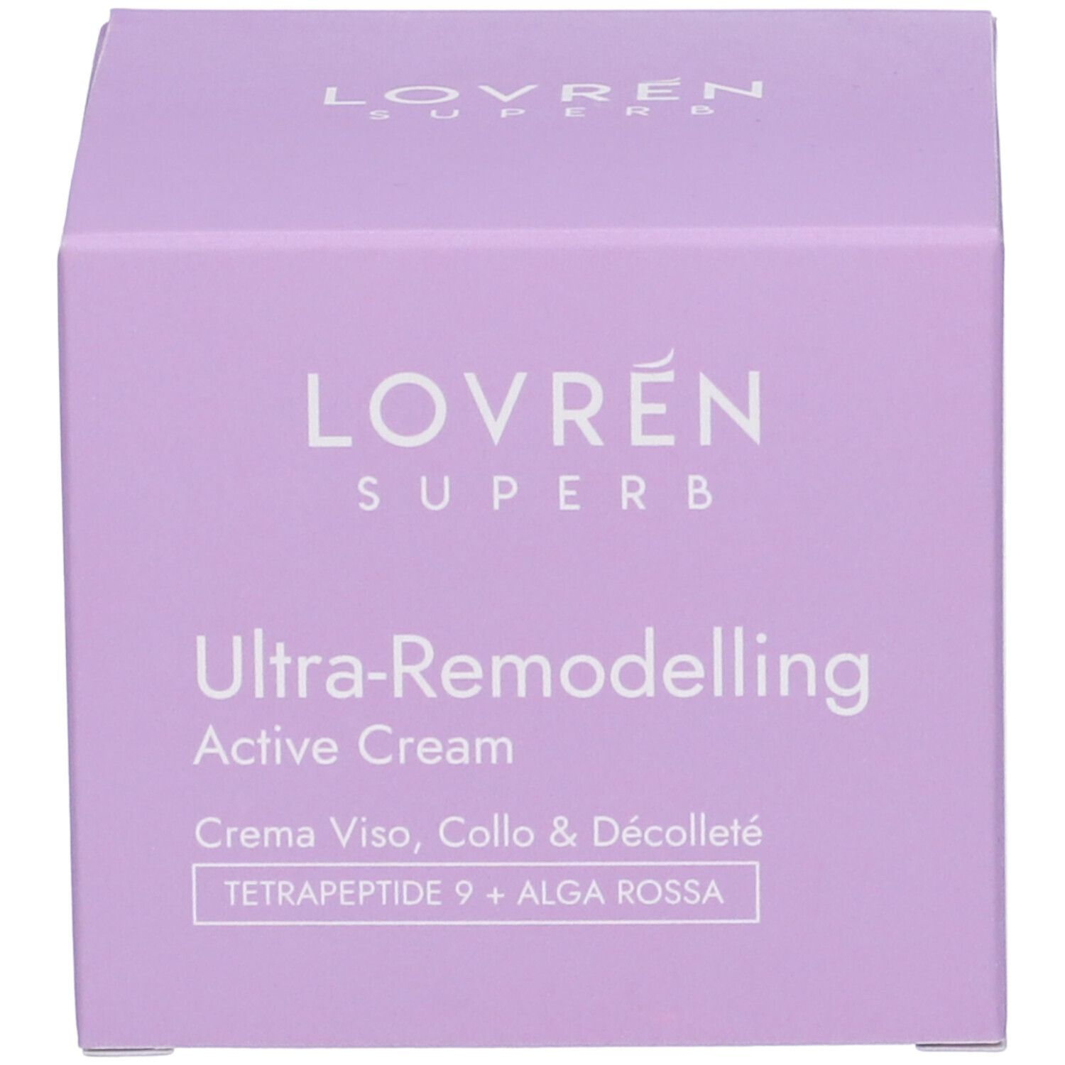 Scatola lilla. Sulla scatola "LOVREN SUPERB". Testo: Ultra-Remodelling Active Cream.