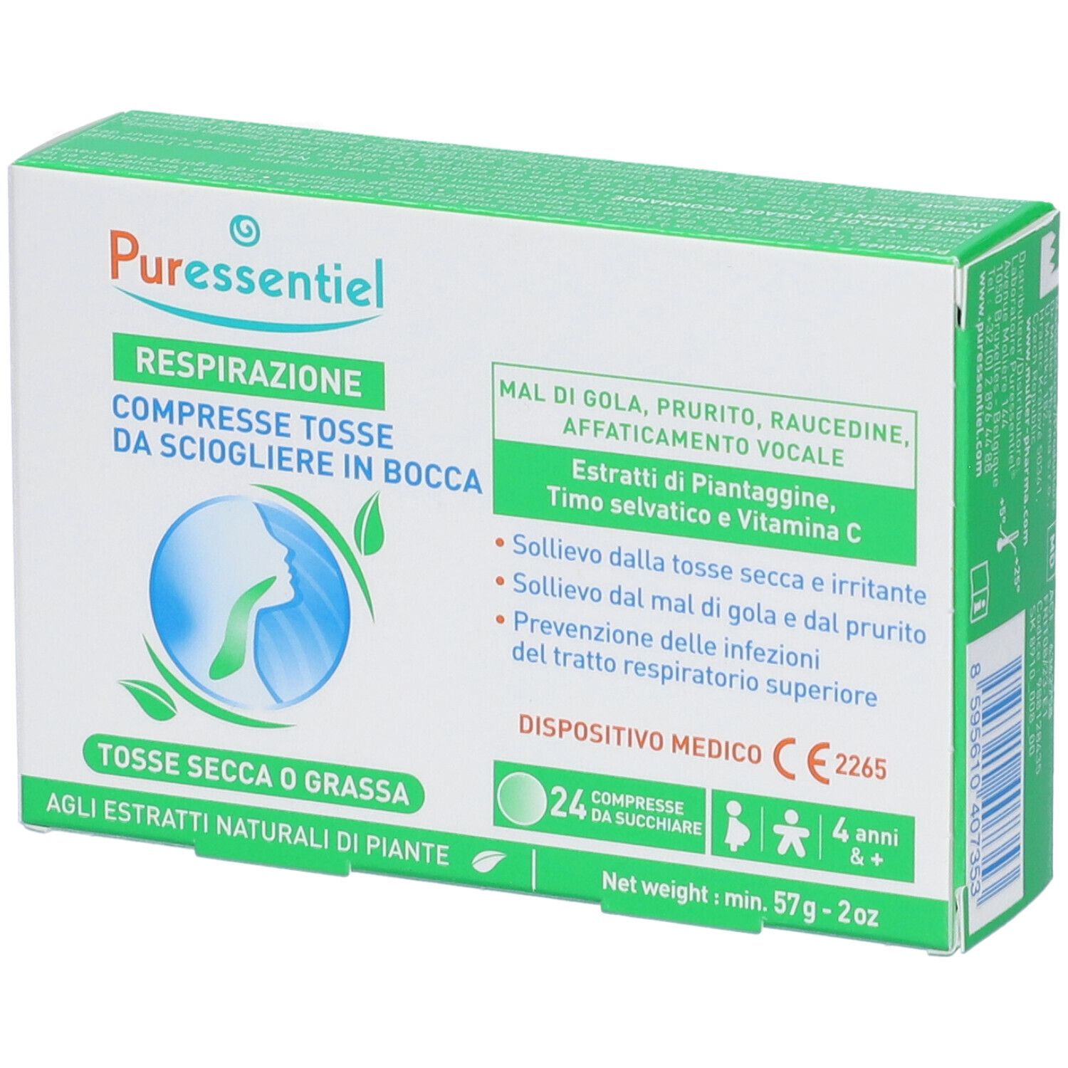 Scatola verde e bianca con logo e nome del prodotto. Contiene 24 compresse. Dispositivo medico CE2265.