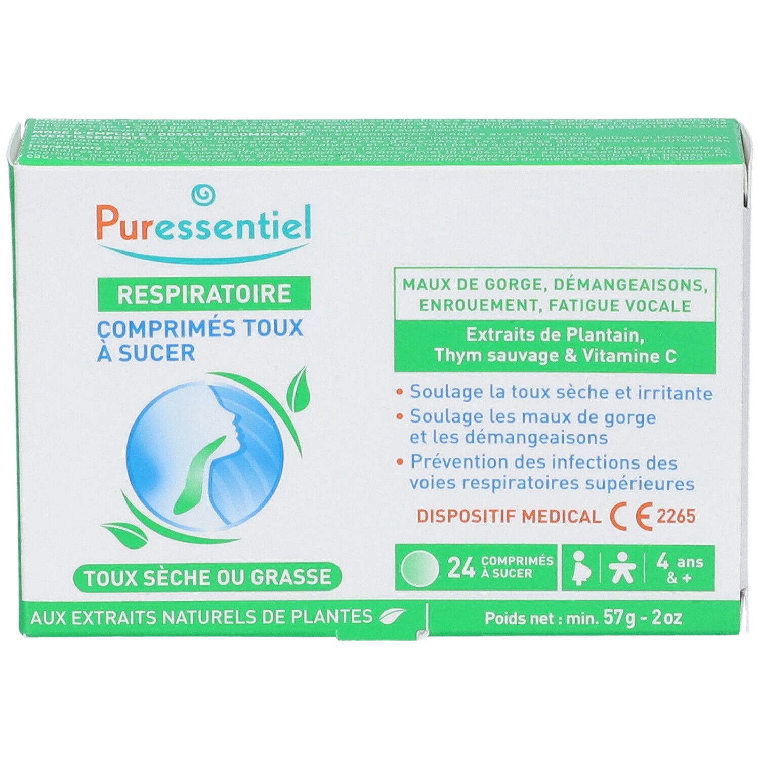 Scatola verde e bianca con logo e nome del prodotto. Contiene 24 compresse. Dispositivo medico CE2265.