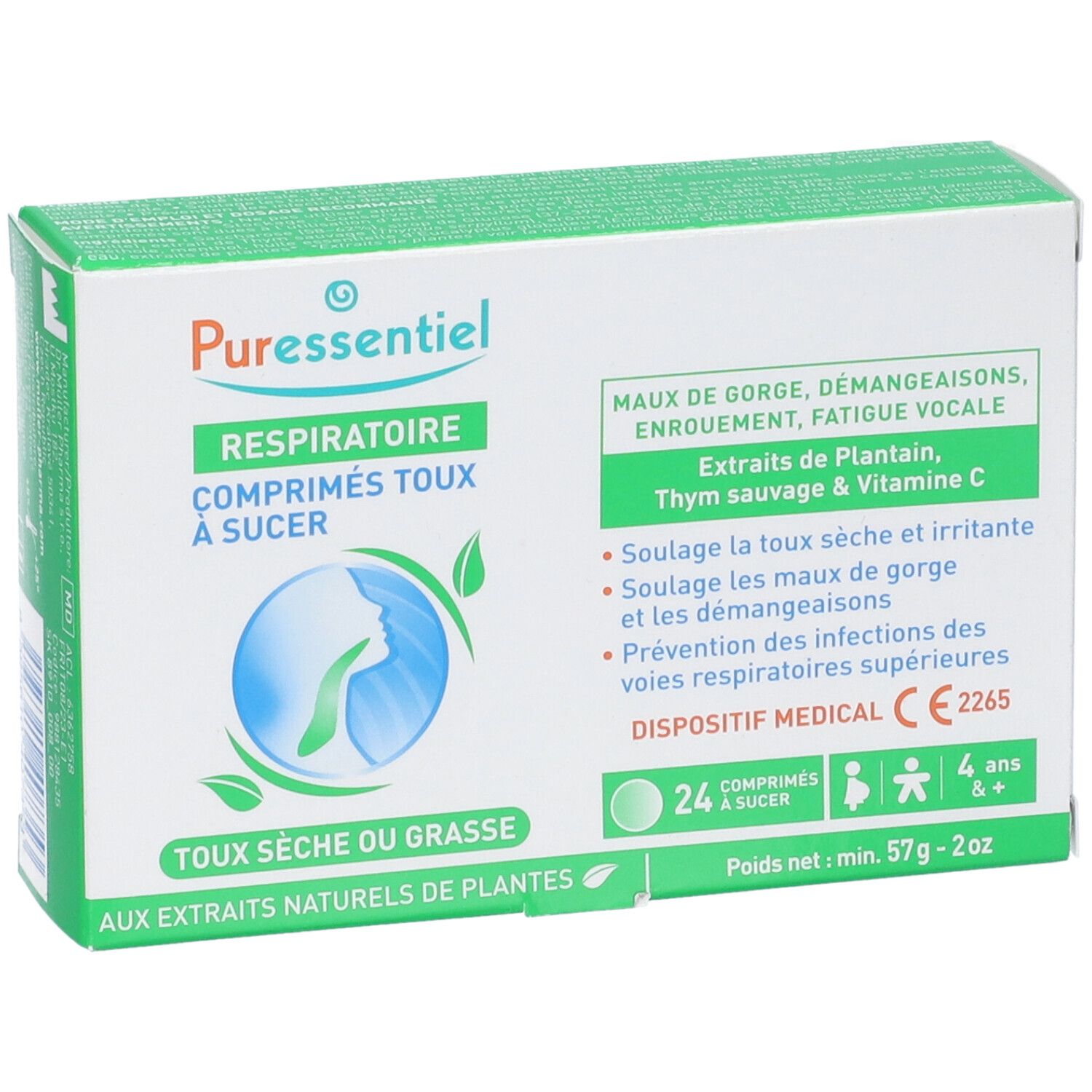 Scatola verde e bianca con logo e nome del prodotto. Contiene 24 compresse. Dispositivo medico CE2265.