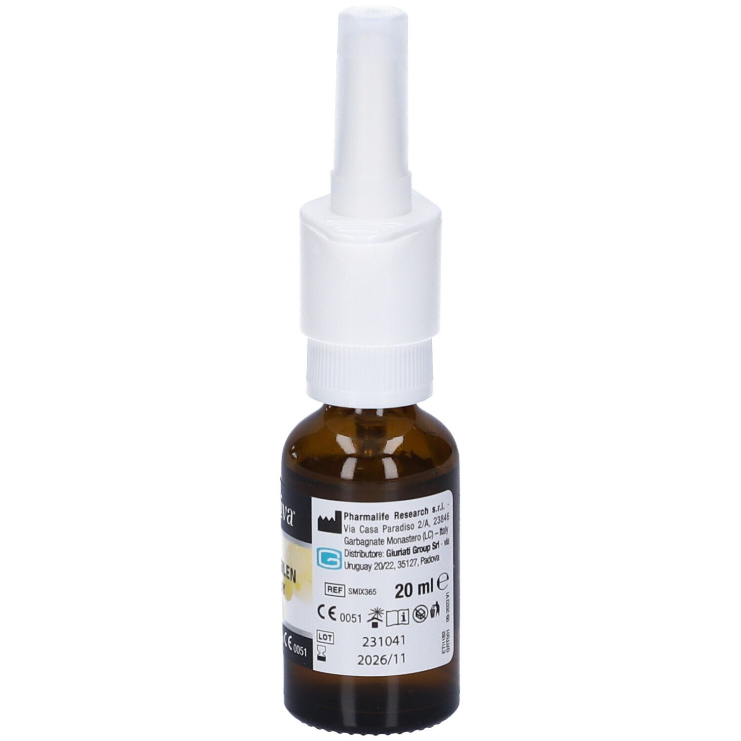 Flacone in vetro marrone con nebulizzatore bianco. Scritta: 20 ml. Dispositivo medico.