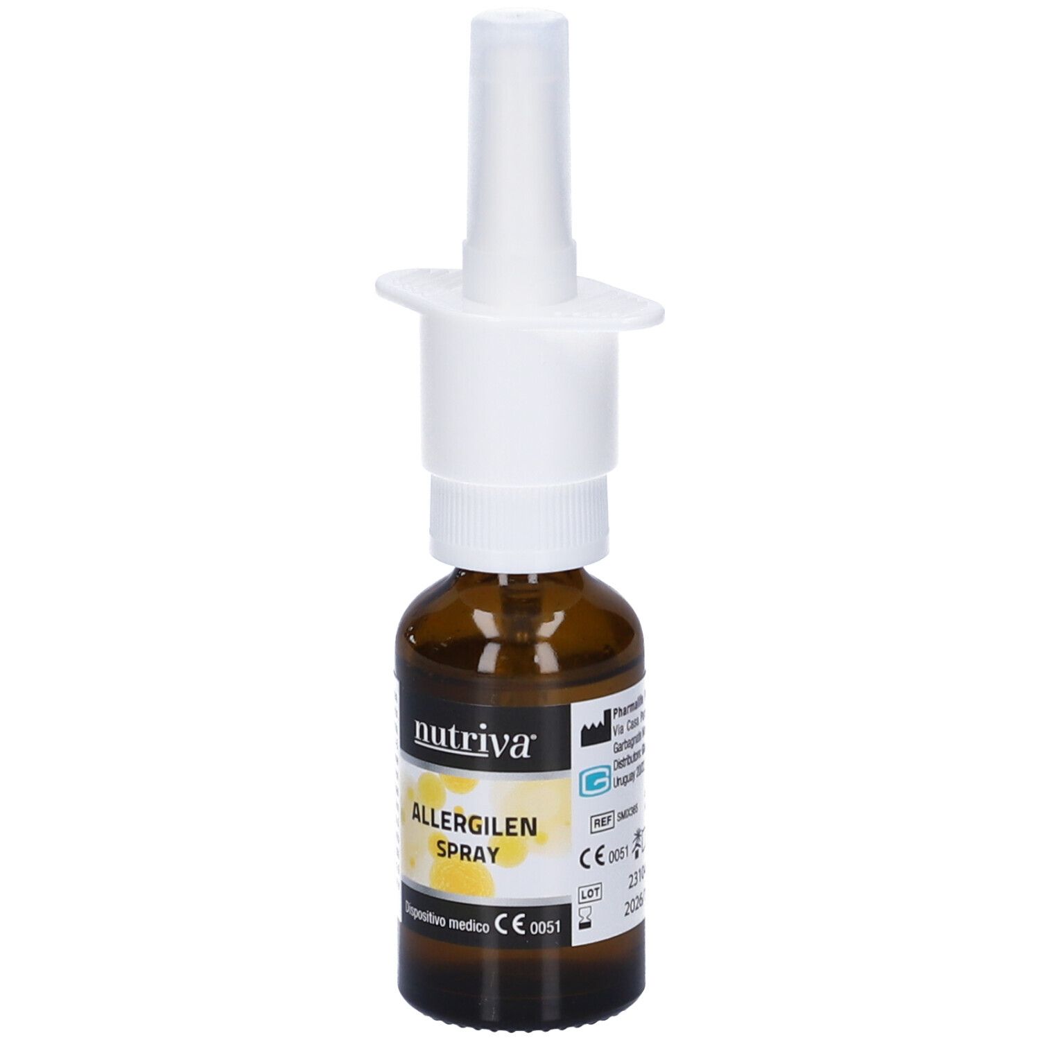 Flacone in vetro marrone con nebulizzatore bianco. Scritta: nutriva, ALLERGILEN SPRAY. Dispositivo medico.
