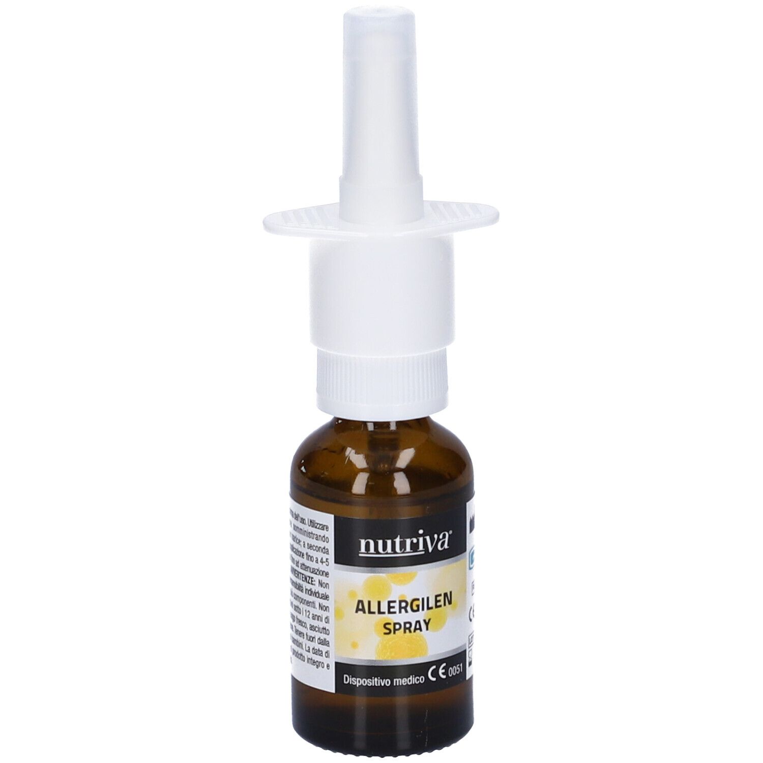 Flacone in vetro marrone con nebulizzatore bianco. Scritta: nutriva, ALLERGILEN SPRAY. Dispositivo medico.
