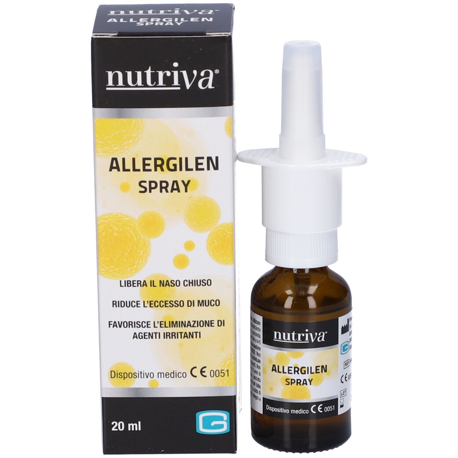 Confezione del prodotto con flacone e nebulizzatore. Scritta: nutriva, ALLERGILEN SPRAY. Dispositivo medico.