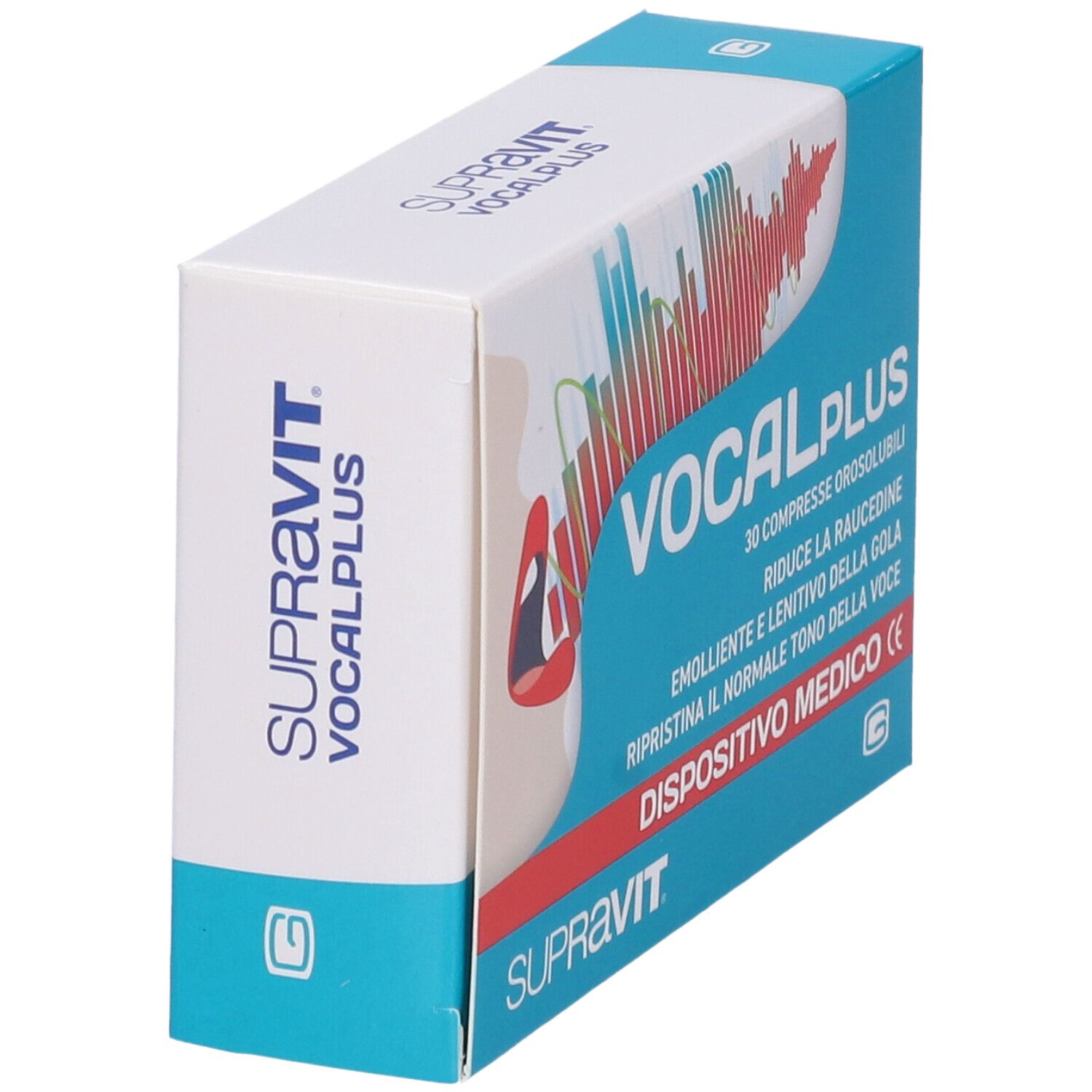 Scatola Supravit VocalPlus Compresse Orosolubili. Confezione blu e bianca. Nome e logo del prodotto visibili. Dispositivo medico.
