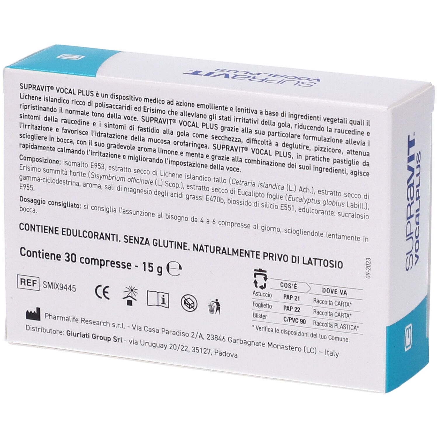 Retro della scatola Supravit VocalPlus Compresse Orosolubili. Informazioni testuali, ingredienti e logo. Dispositivo medico.