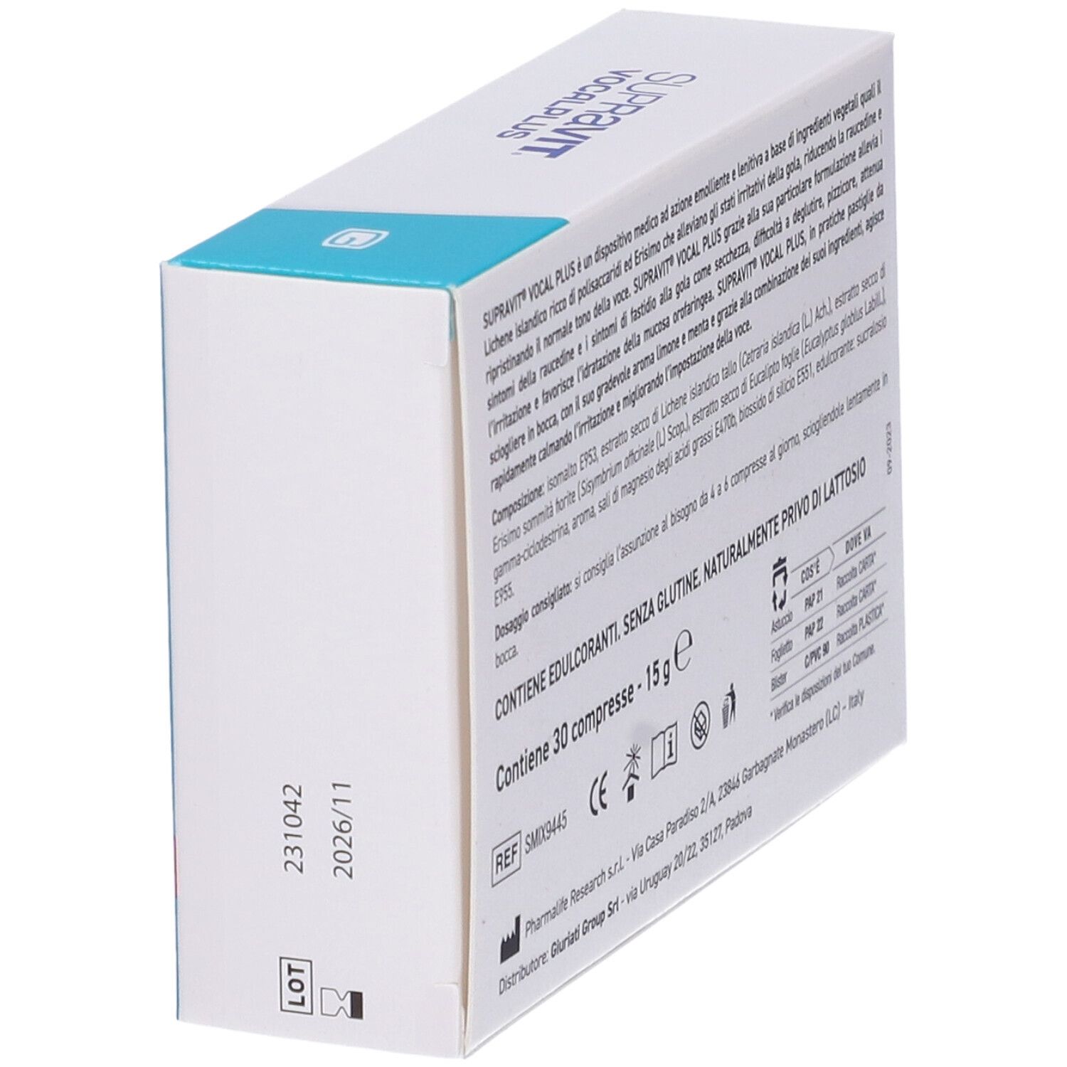Retro della scatola Supravit VocalPlus Compresse Orosolubili. Informazioni testuali e logo. Dispositivo medico.