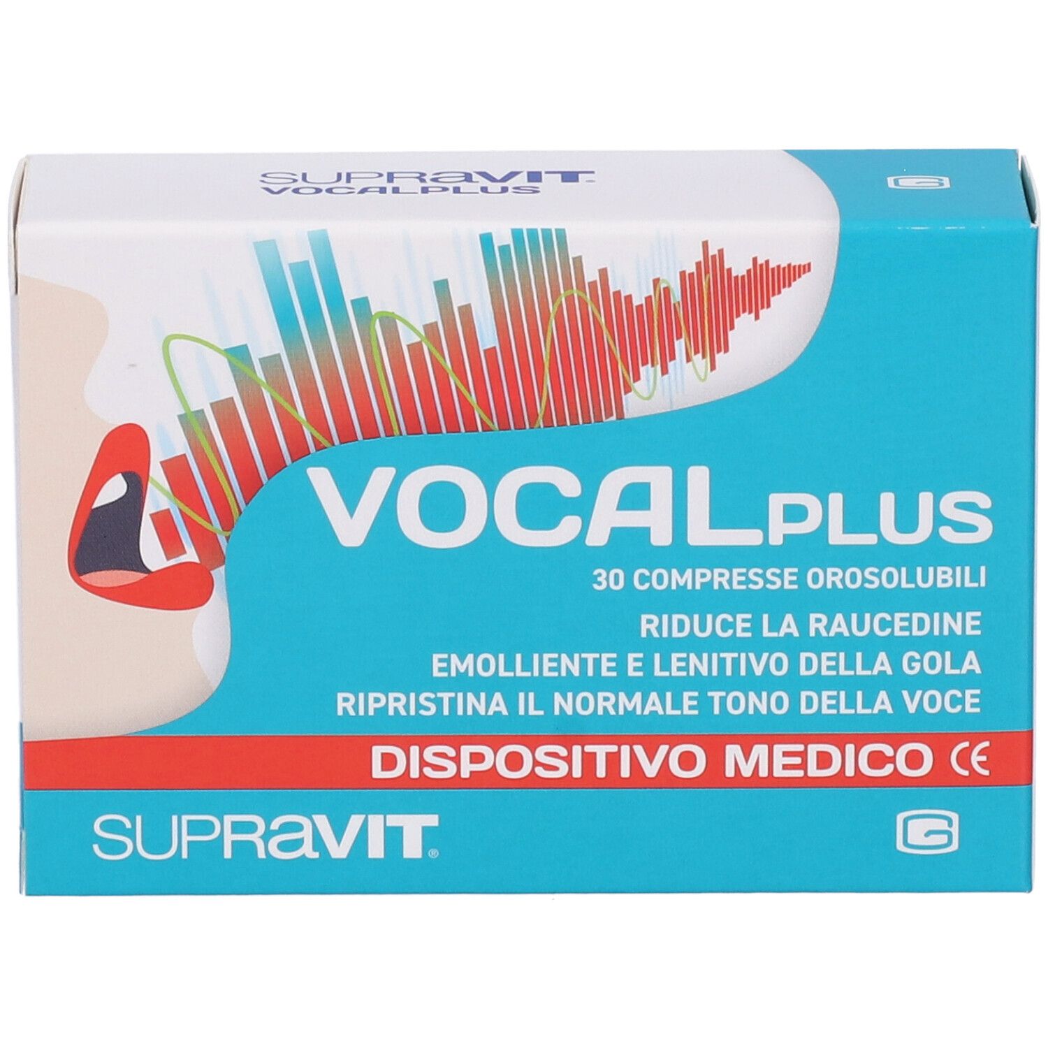 Scatola Supravit VocalPlus Compresse Orosolubili. Confezione blu e bianca. Nome e logo del prodotto visibili. Dispositivo medico.
