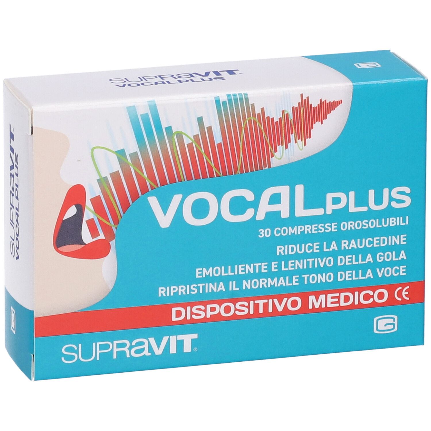 Scatola Supravit VocalPlus Compresse Orosolubili. Confezione blu e bianca. Nome e logo del prodotto visibili. Dispositivo medico.