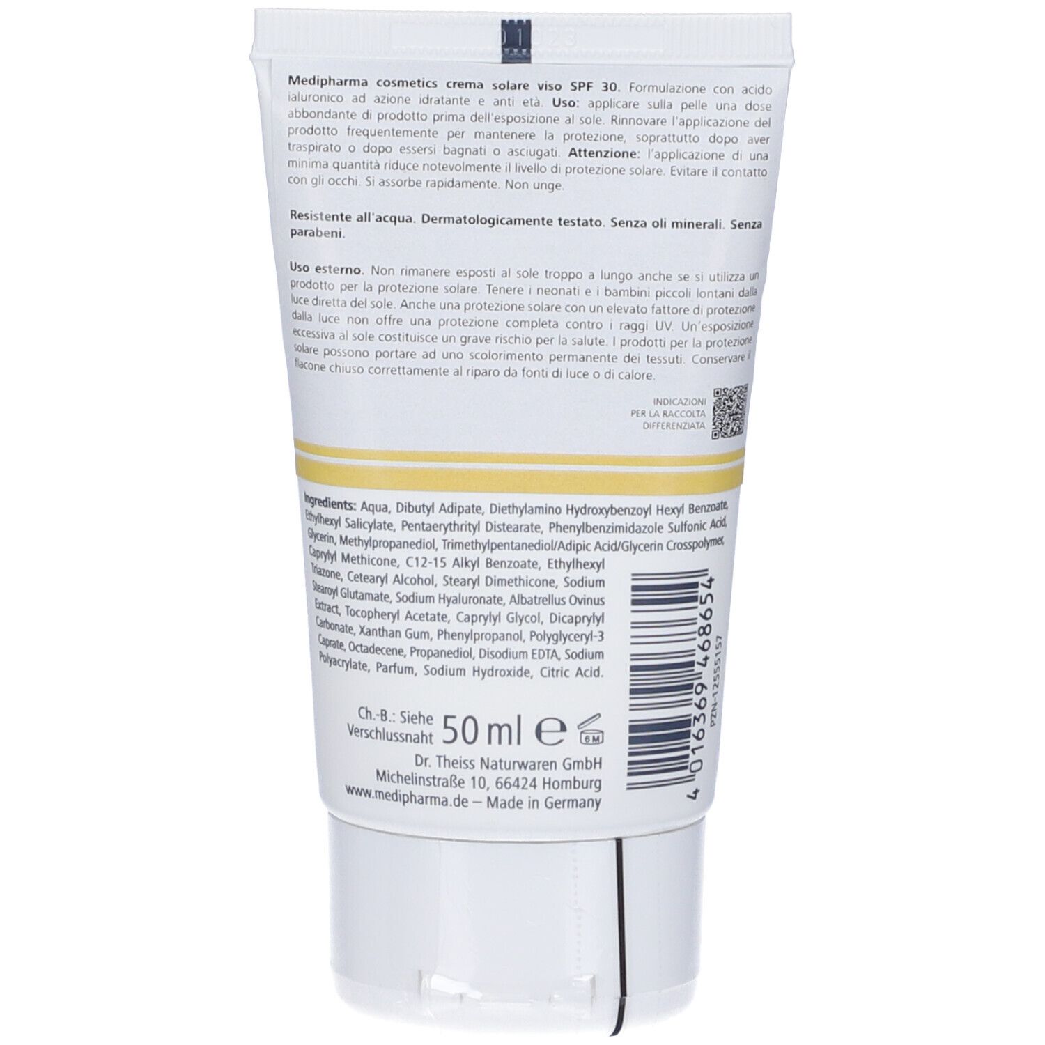 Retro del tubo di crema. Testo con ingredienti e istruzioni per l'uso. Marchio: medi-pharma cosmetics. Dimensione: 50 ml.