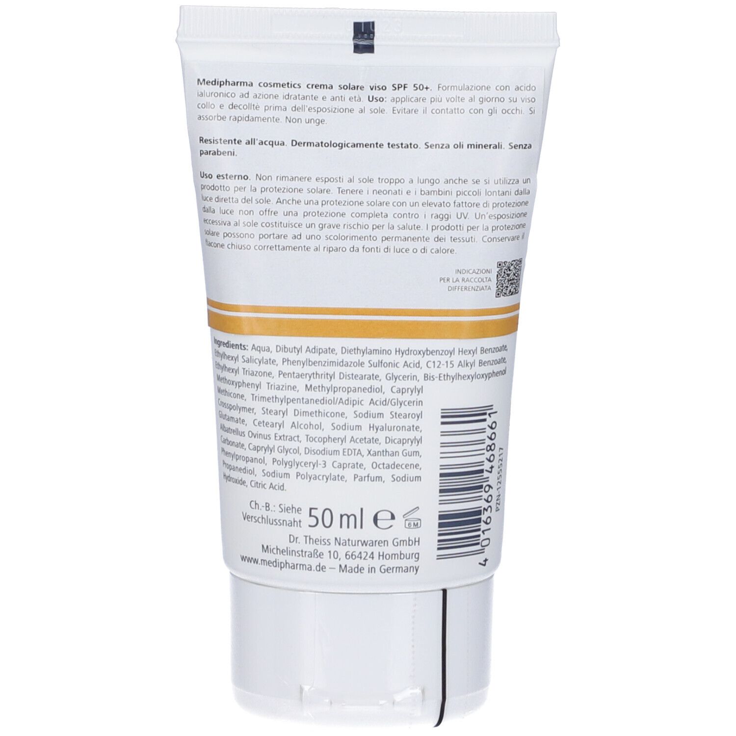 Retro del tubo di crema. Testo multilingue. Ingredienti e informazioni produttore. 50 ml.