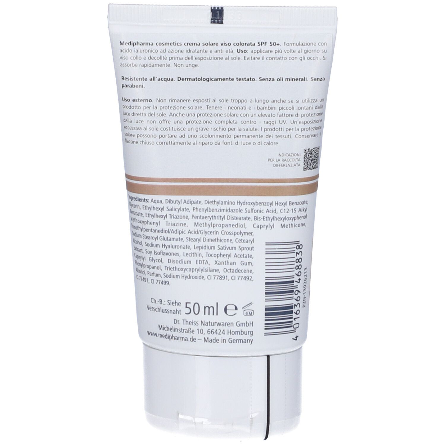 Retro del tubo di crema solare. Contiene informazioni sugli ingredienti e sul produttore. Con codice a barre e volume.