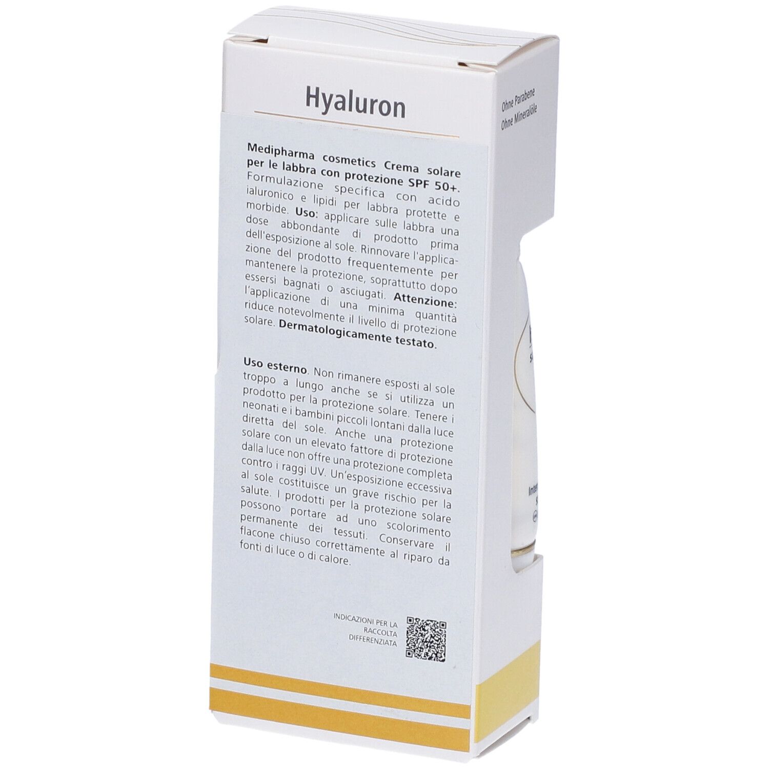 Retro della confezione con informazioni sul prodotto. Testo in italiano. Dermatologicamente testato.