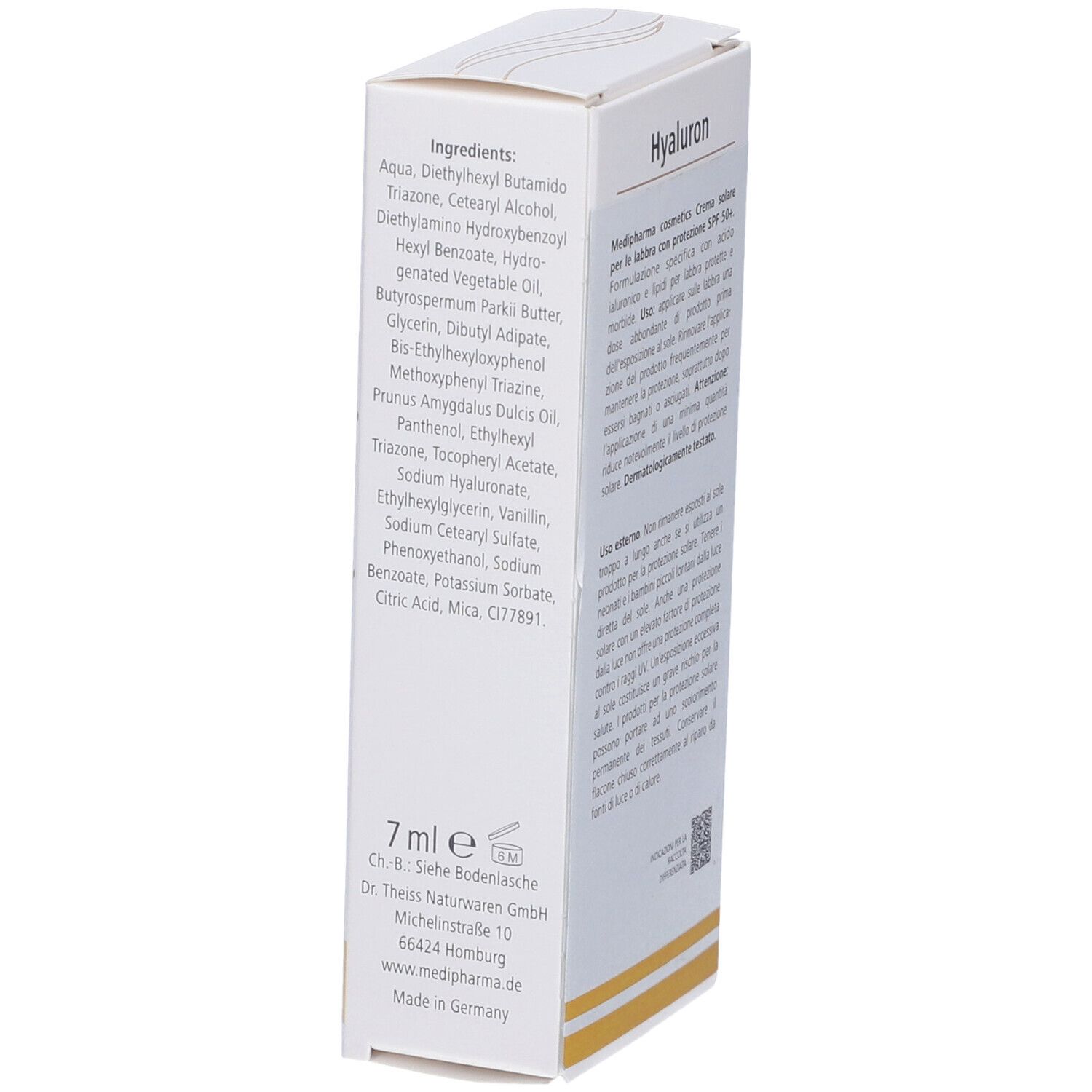Confezione con ingredienti e informazioni del produttore. Testo in tedesco. 7 ml.