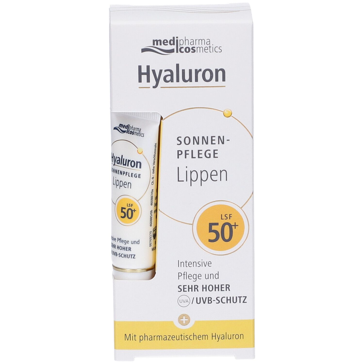 Protezione labbra in confezione bianca. Nome del prodotto e SPF 50+ ben visibili. Con acido ialuronico farmaceutico.