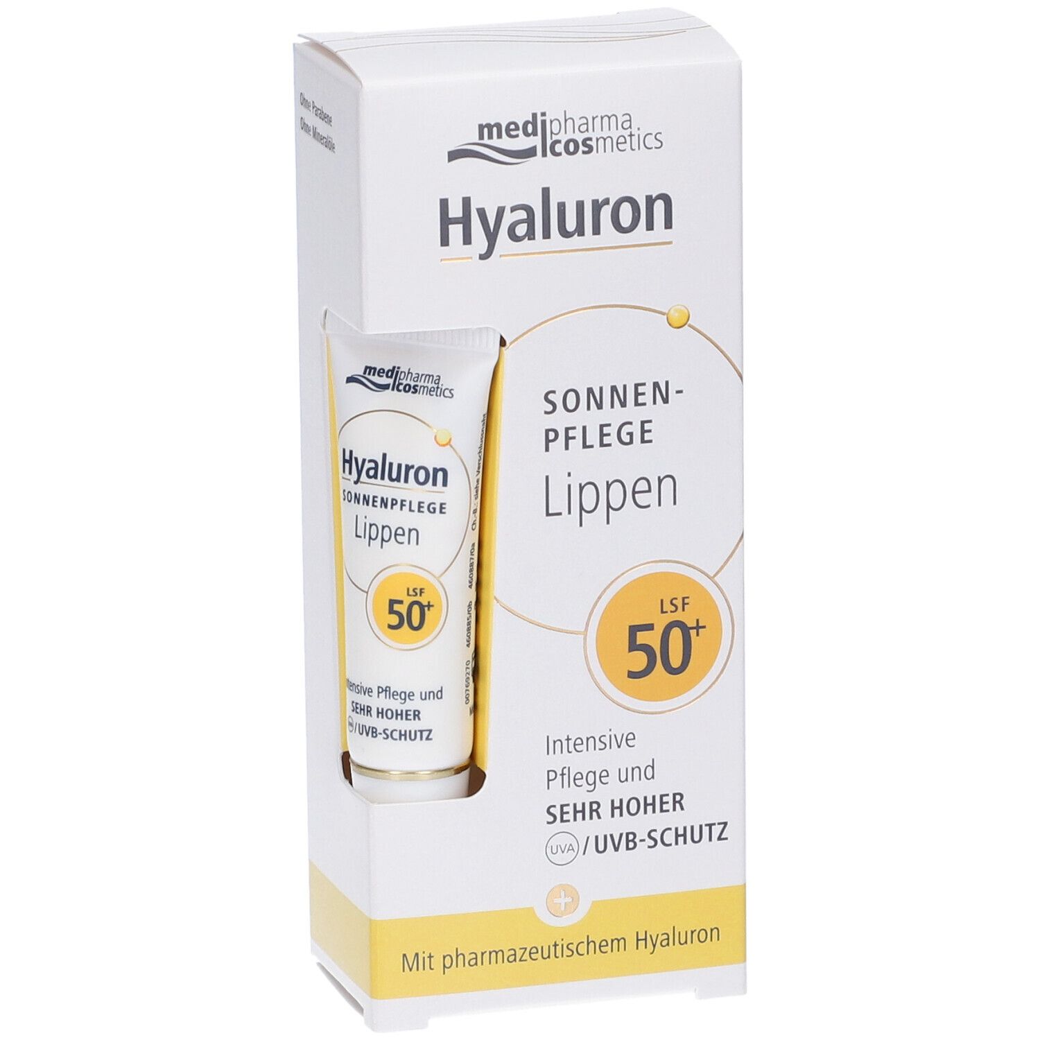Protezione labbra in confezione bianca. Nome del prodotto e SPF 50+ ben visibili. Con acido ialuronico farmaceutico.