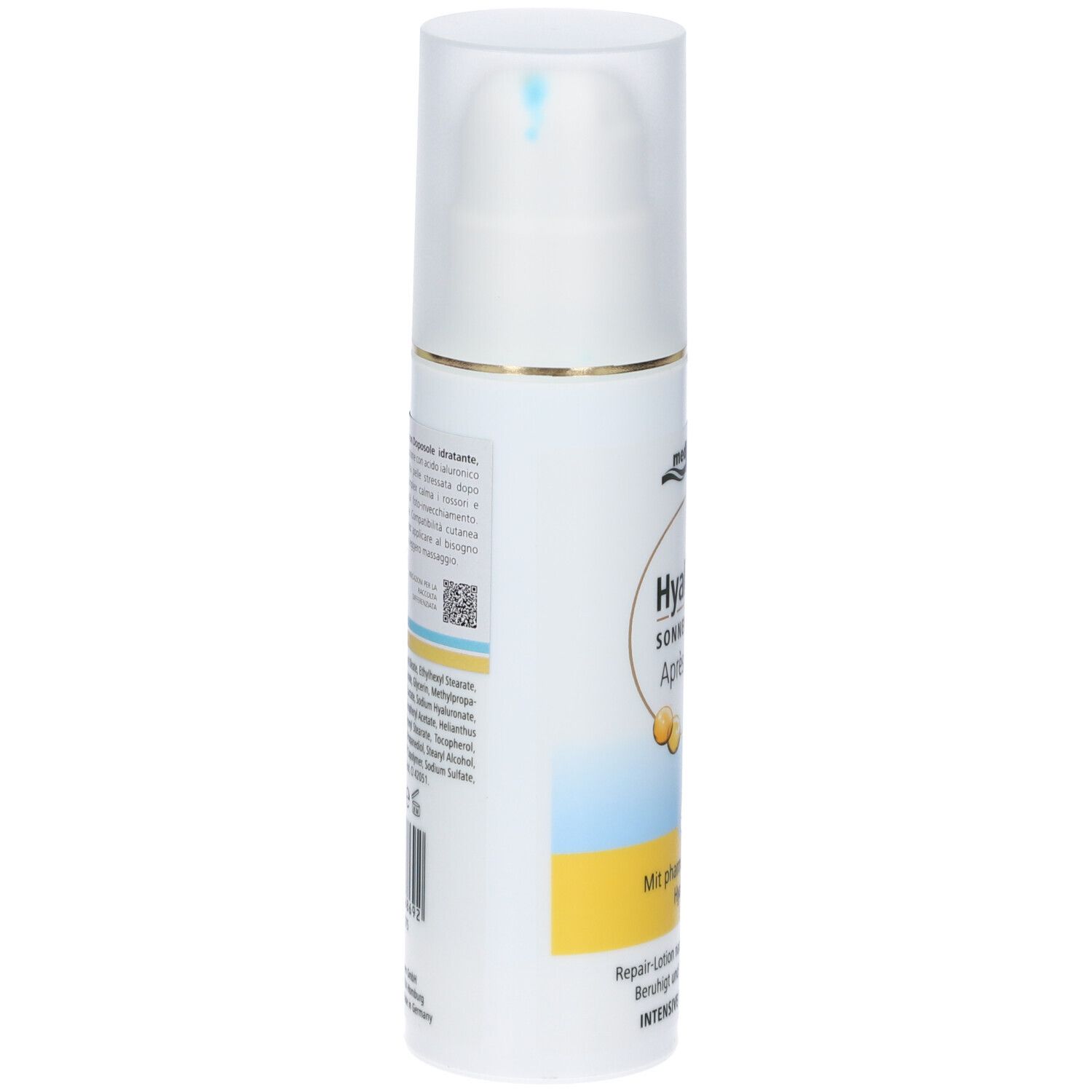 Flacone bianco, vista laterale. Scritta: Hyaluron Sonnenpflege Après-Lotion. Etichetta con ingredienti e codice QR. Dosatore a pompa.