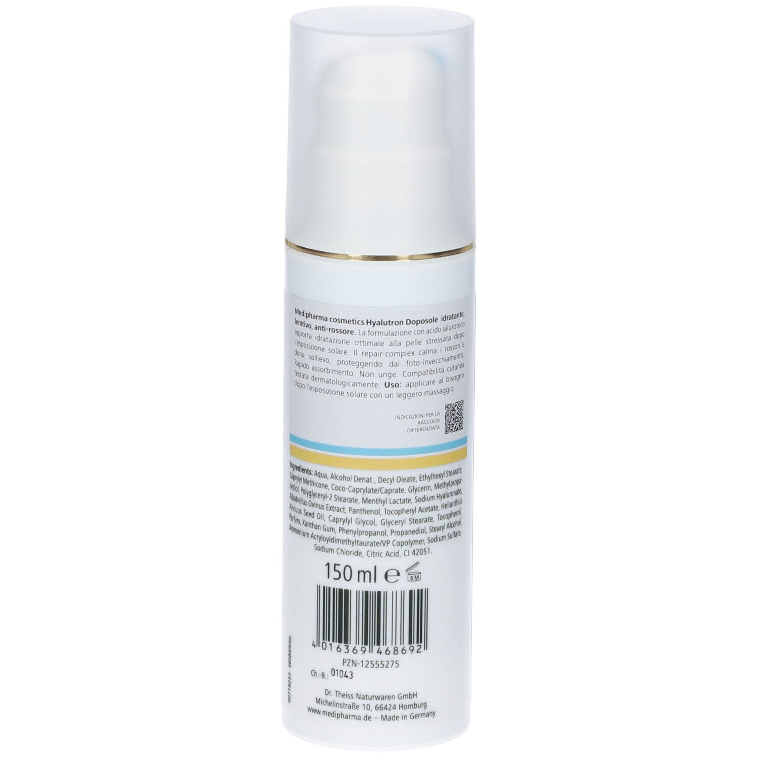 Flacone bianco, retro. Etichetta con ingredienti, codice QR e codice a barre. Volume: 150 ml. Dosatore a pompa.