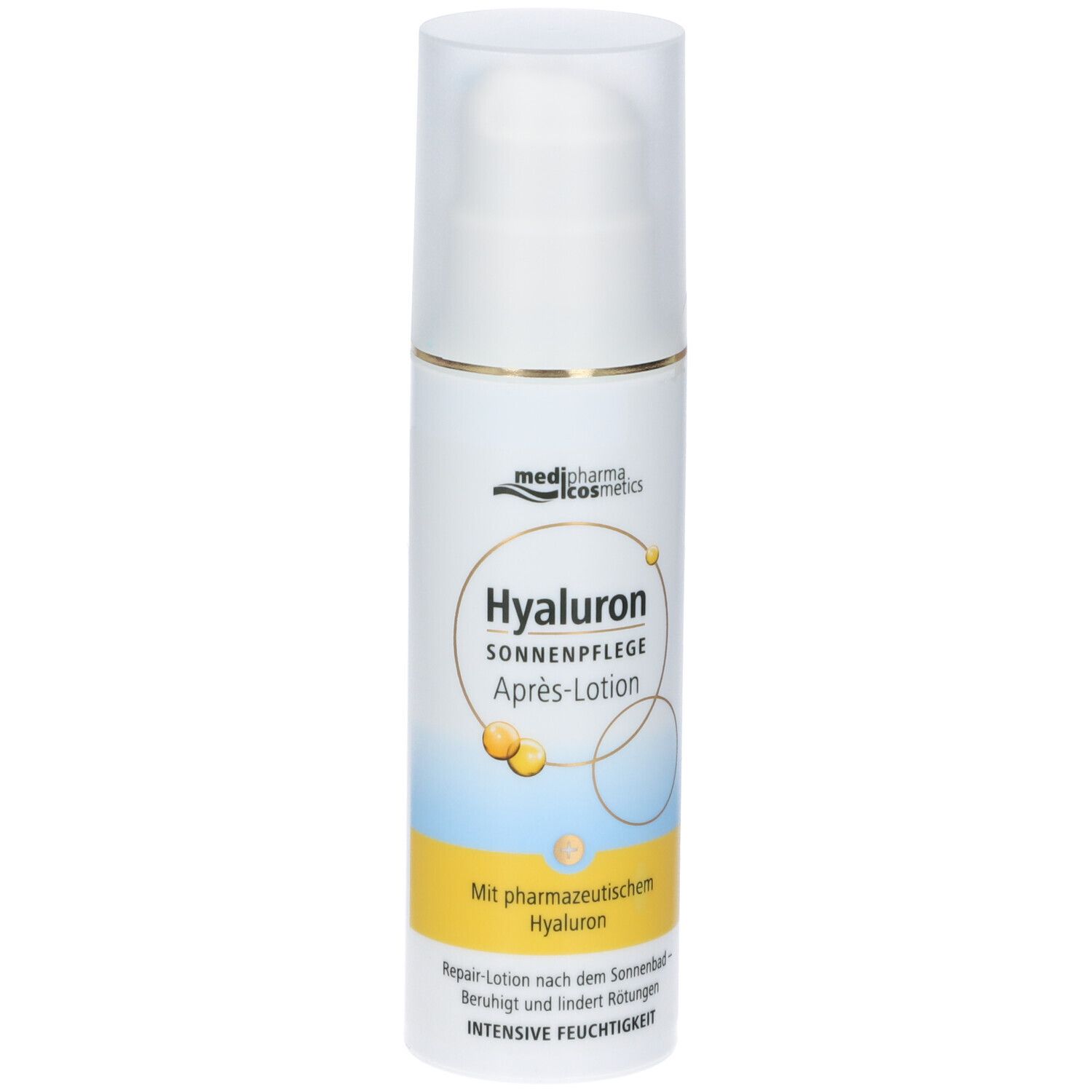 Flacone bianco con dosatore a pompa. Scritta: Hyaluron Sonnenpflege Après-Lotion. Anello dorato sul collo. Etichetta del prodotto.
