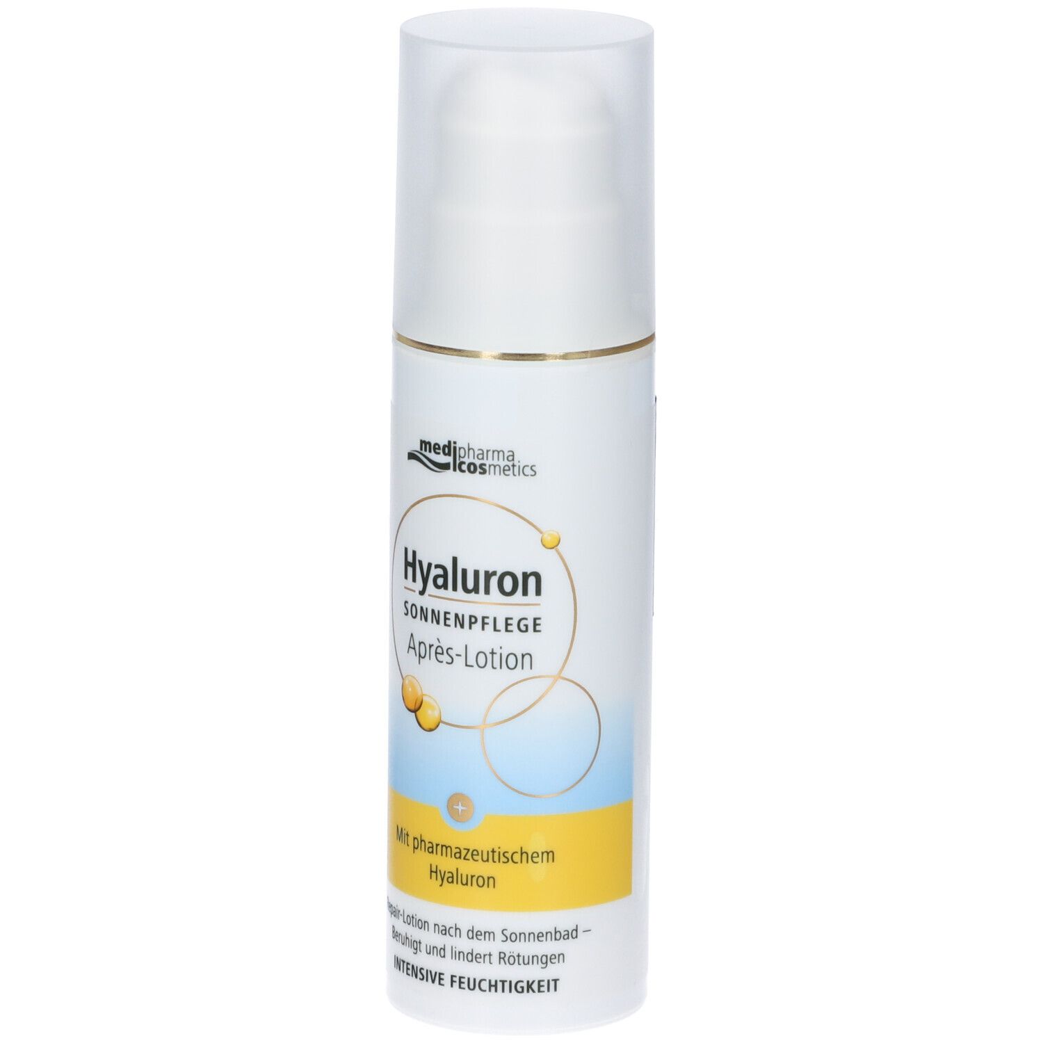 Flacone bianco con dosatore a pompa. Scritta: Hyaluron Sonnenpflege Après-Lotion. Anello dorato sul collo. Etichetta del prodotto.