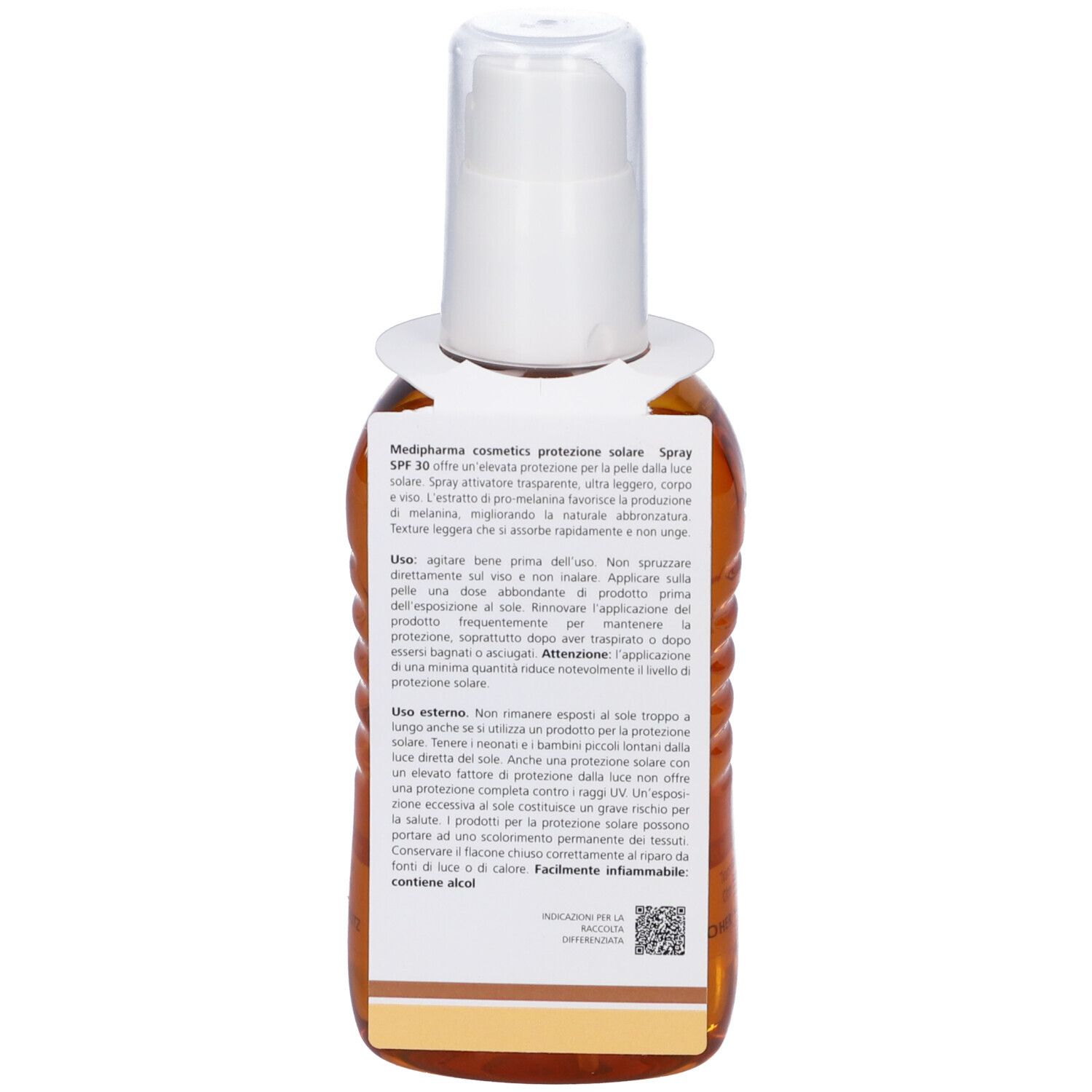 Retro del flacone. Testo: Spray solare, istruzioni per l'uso, ingredienti. Codice QR e altre informazioni.