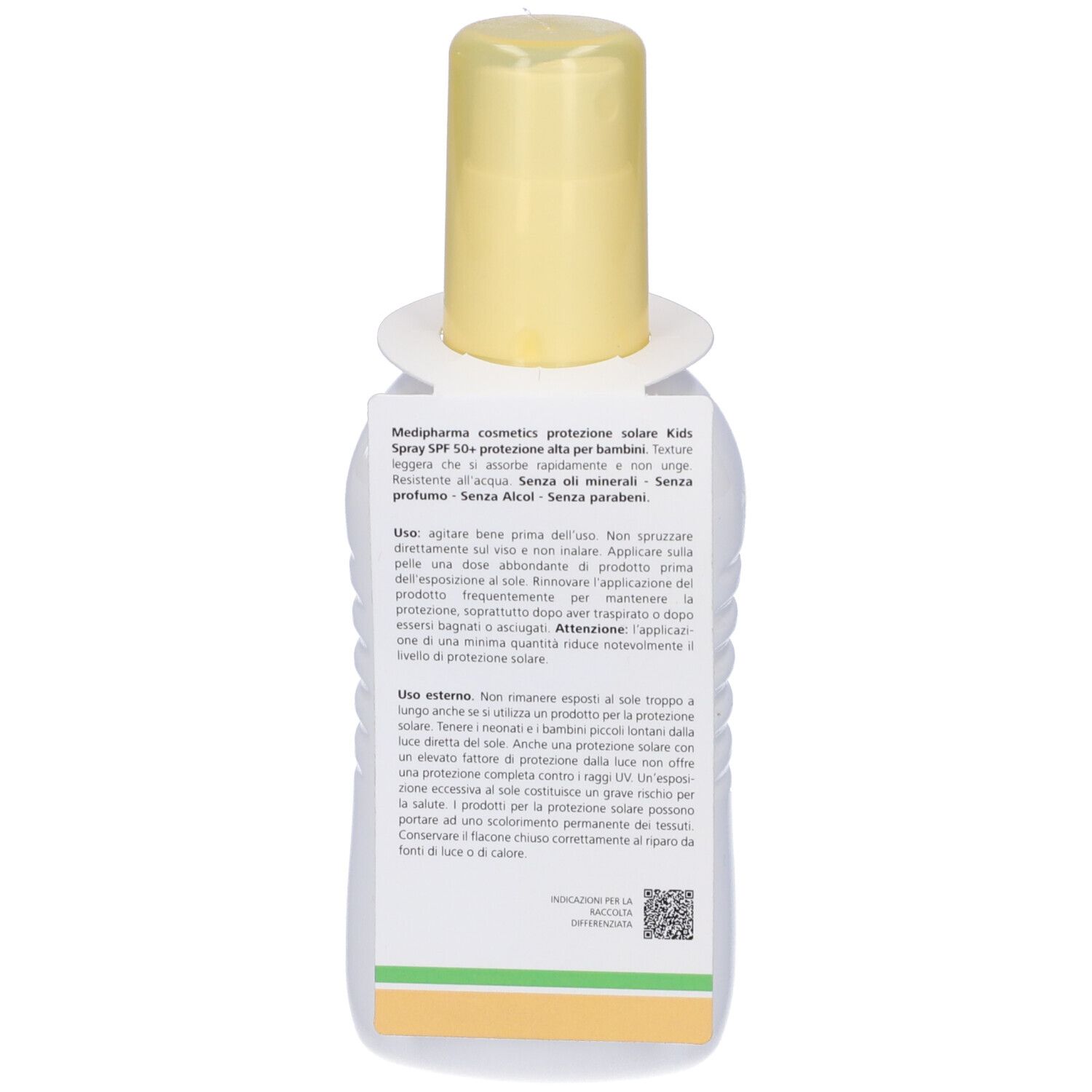Retro del flacone di spray solare. Testo in tedesco. Contiene informazioni sul prodotto e sull'uso.