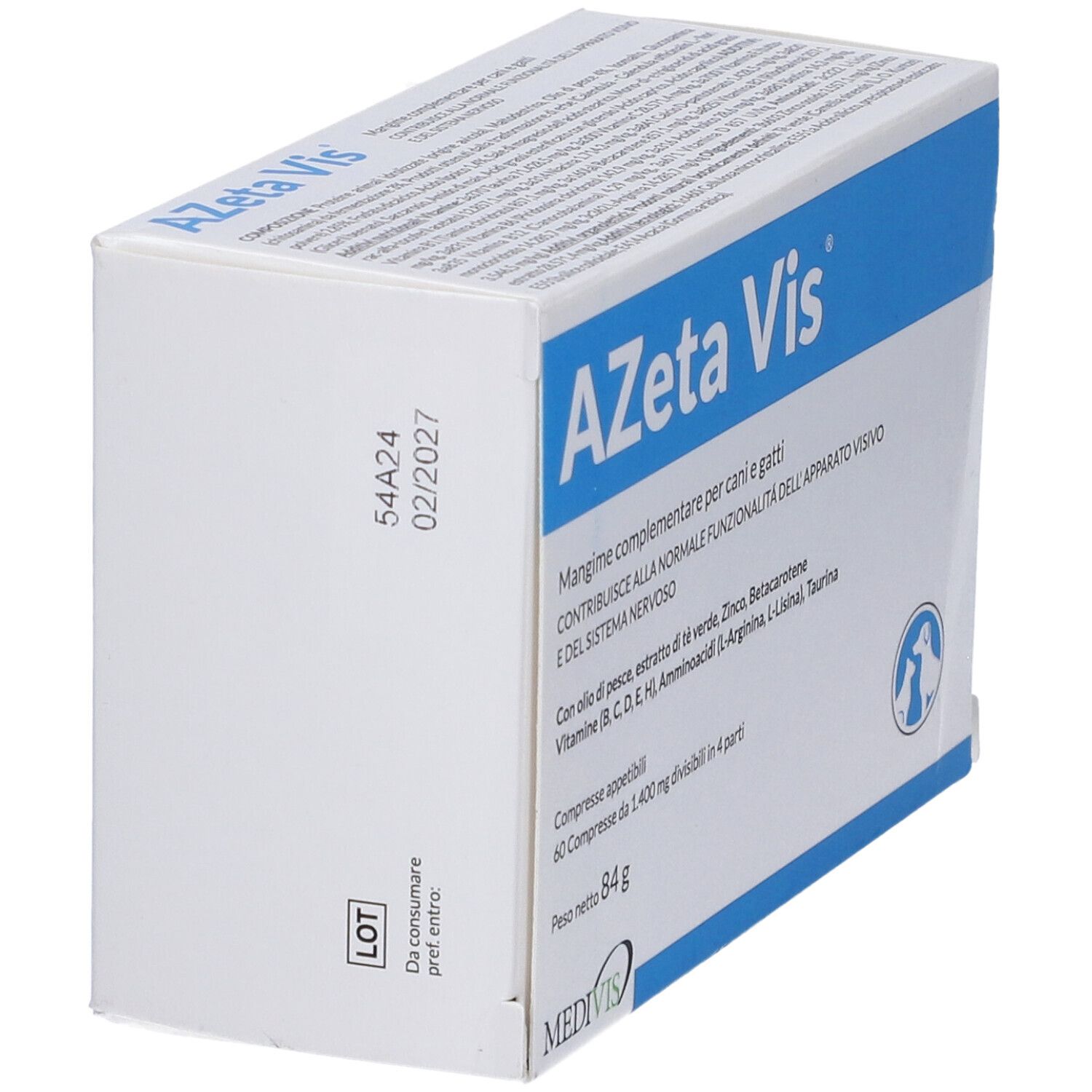 Scatola Azeta Vis, vista laterale. Confezione blu e bianca. Testo: Azeta Vis, mangime complementare per cani e gatti. Data di scadenza.