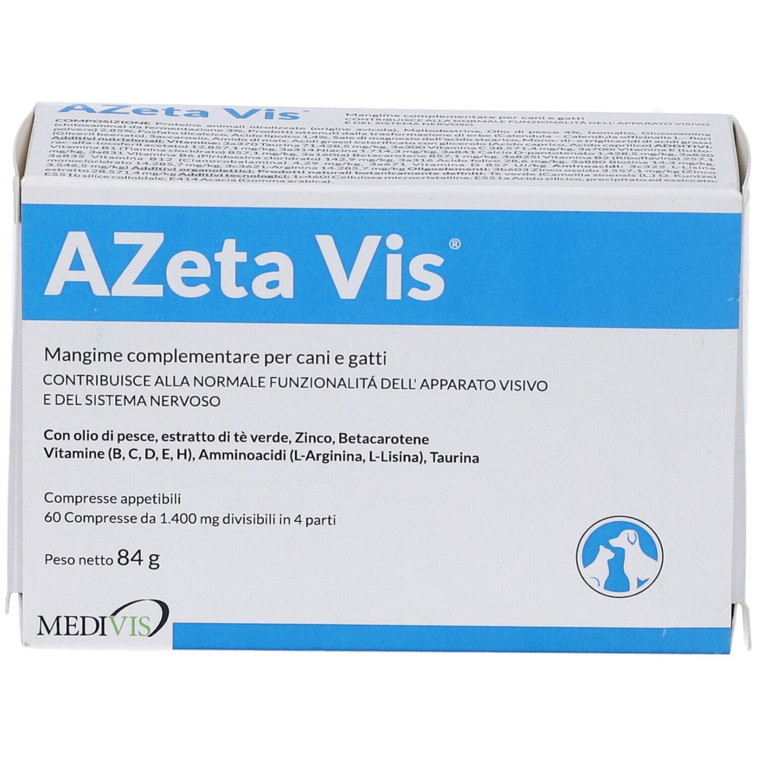 Scatola Azeta Vis. Confezione blu e bianca. Testo: Azeta Vis, mangime complementare per cani e gatti, 60 compresse divisibili.