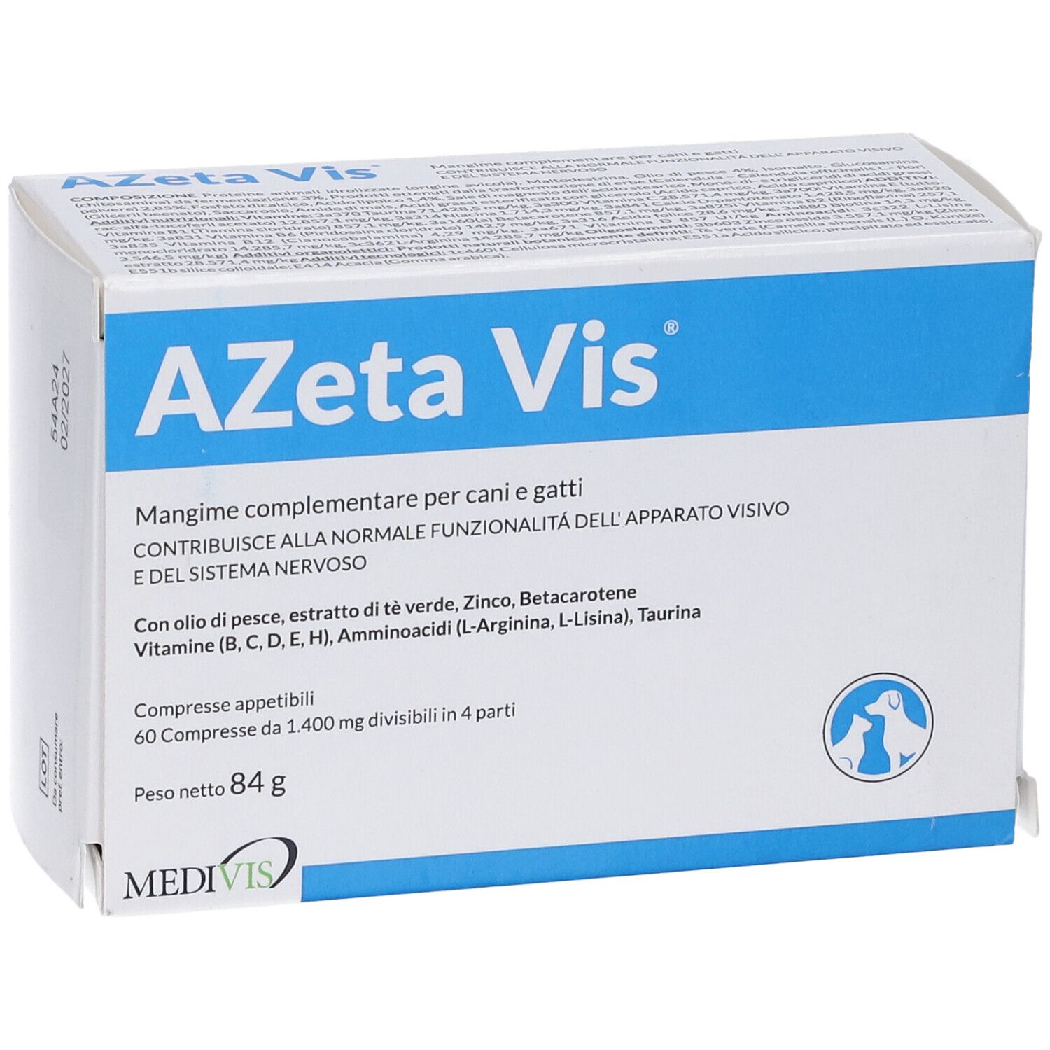 Scatola Azeta Vis. Confezione blu e bianca. Testo: Azeta Vis, mangime complementare per cani e gatti, 60 compresse divisibili.